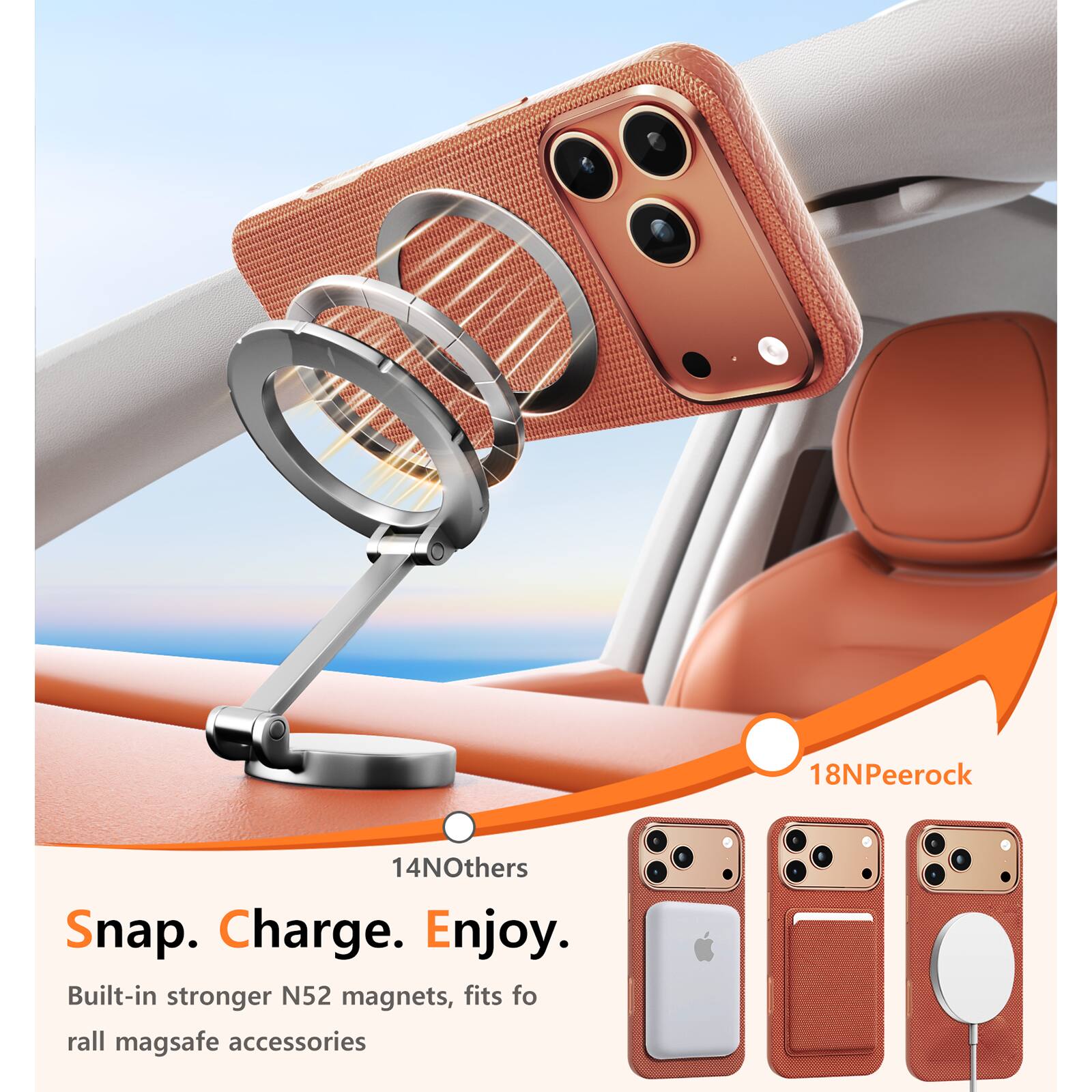 18NPeerock  
14NOthers  

Snap. Charge. Enjoy.  

Built-in stronger N52 magnets, fits for all mag safe accessories