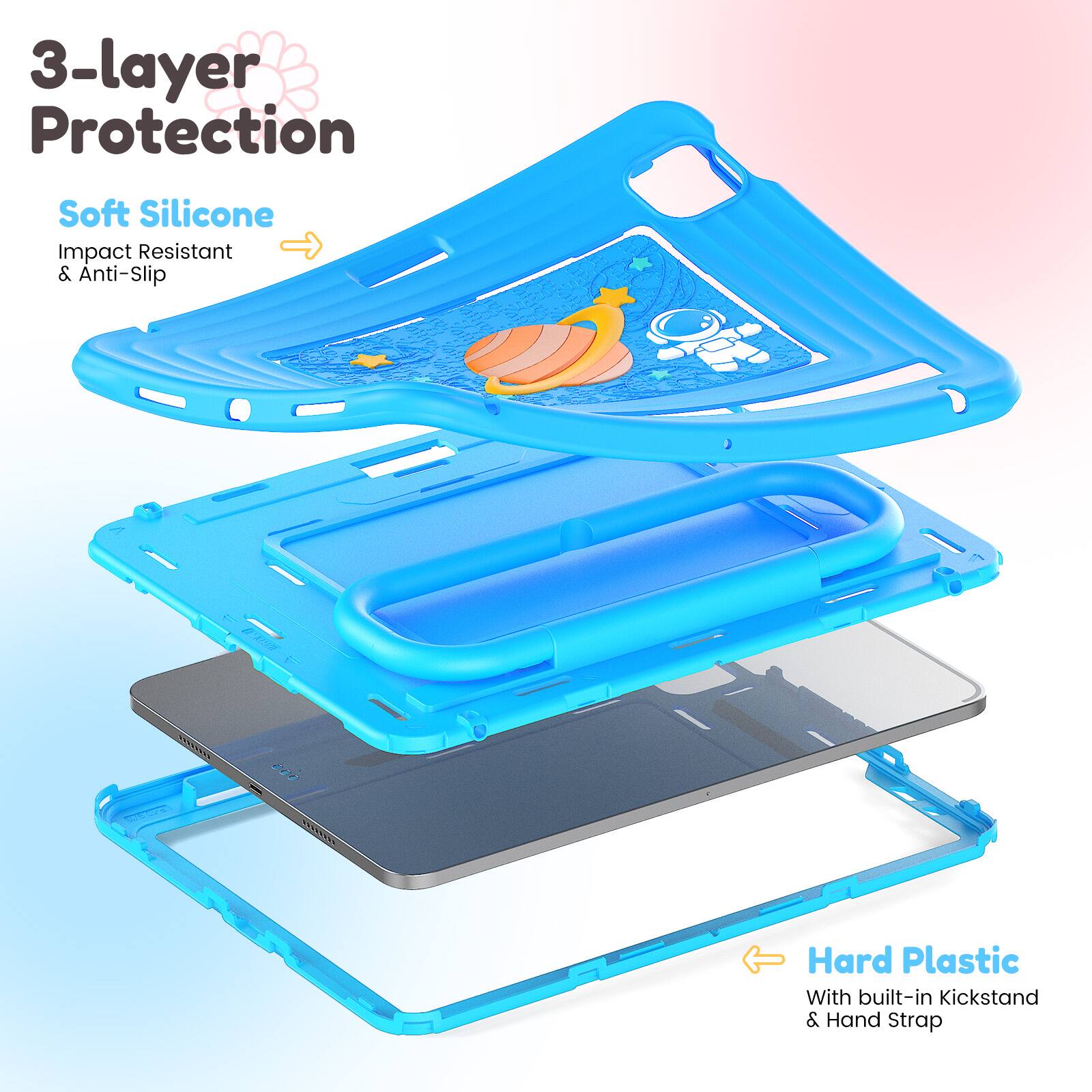 3-layer Protection

Soft Silicone  
Impact Resistant & Anti-Slip

Hard Plastic  
With built-in Kickstand & Hand Strap