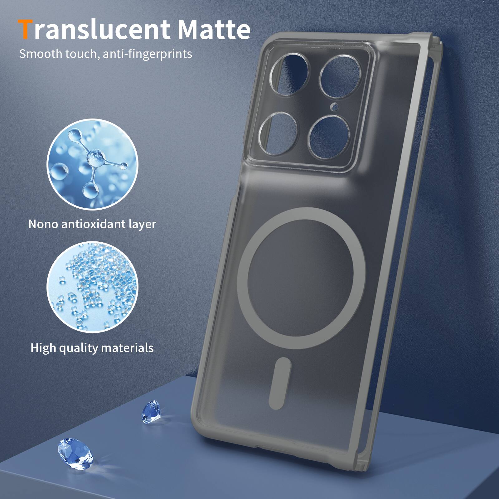 Translucent Matte  
Smooth touch, anti-fingerprints  
Nono antioxidant layer  
High quality materials