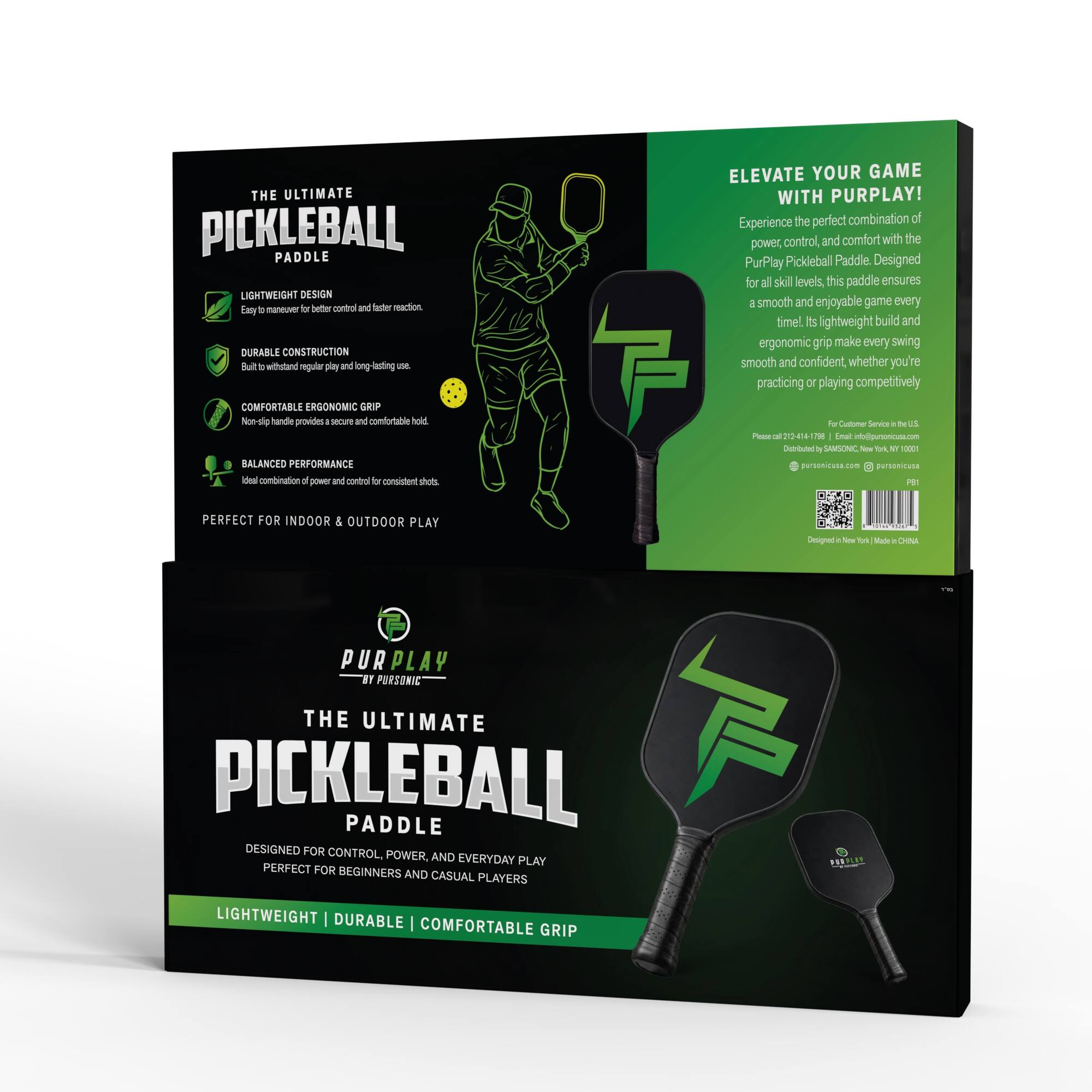 **THE ULTIMATE PICKLEBALL PADDLE**

- **LIGHTWEIGHT DESIGN**  
  Easy to maneuver for better control and faster reaction.

- **DURABLE CONSTRUCTION**  
  Built to withstand regular play and long-lasting use.

- **COMFORTABLE ERGONOMIC GRIP**  
  Non-slip handle provides a secure and comfortable hold.

- **BALANCED PERFORMANCE**  
  Ideal combination of power and control for consistent shots.

**PERFECT FOR INDOOR & OUTDOOR PLAY**

---

**ELEVATE YOUR GAME WITH PURPLAY!**  
Experience the perfect combination of power, control, and comfort with the PurPlay Pickleball Paddle. Designed for all skill levels, this paddle ensures a smooth and enjoyable game every time! Its lightweight build and ergonomic grip make every swing smooth and confident, whether you're practicing or playing competitively.

---

**PURPLAY BY PURSONIC**  
**THE ULTIMATE PICKLEBALL PADDLE**  
DESIGNED FOR CONTROL, POWER, AND EVERYDAY PLAY  
PERFECT FOR BEGINNERS AND CASUAL PLAYERS

**LIGHTWEIGHT | DURABLE | COMFORTABLE GRIP**

---

**For Customer Service in the U.S.