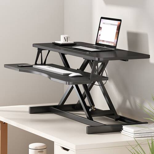 Back. BOMEDA - 32 Inch Desk Converter, Height Adjustable, Dual Monitor and Laptop Workstation with Wide Keyboard Tray(BLACK).