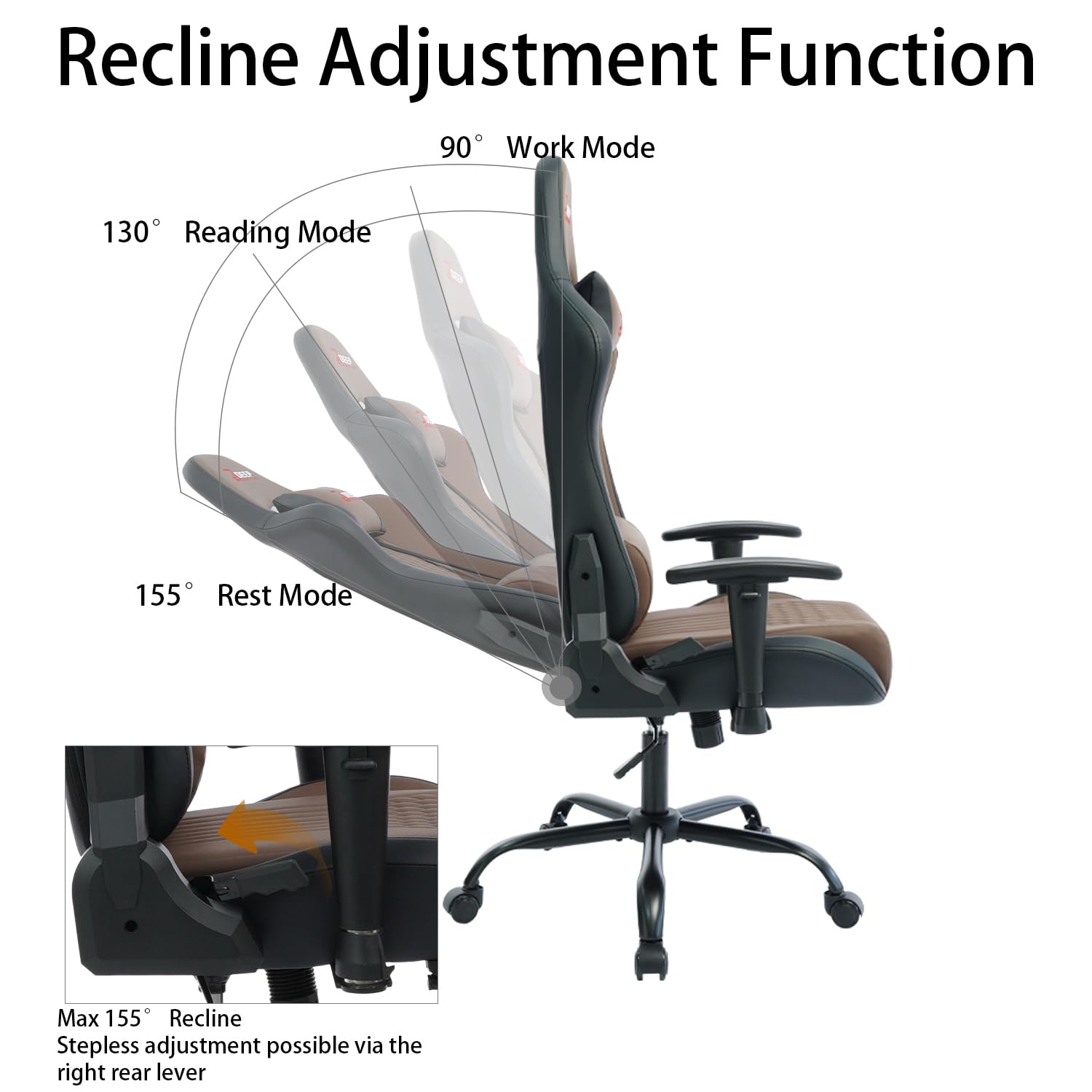 Recline Adjustment Function

- 90° Work Mode
- 130° Reading Mode
- 155° Rest Mode

Max 155° Recline
Stepless adjustment possible via the right rear lever
