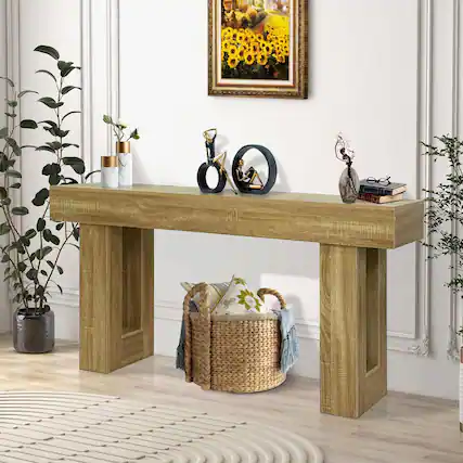 Front. Jojoka - 63" Wood Console Table for Entryway, Rectangular Couch Tables Behind Sofa, Narrow Entryway Table, Accent Tables - Beige.