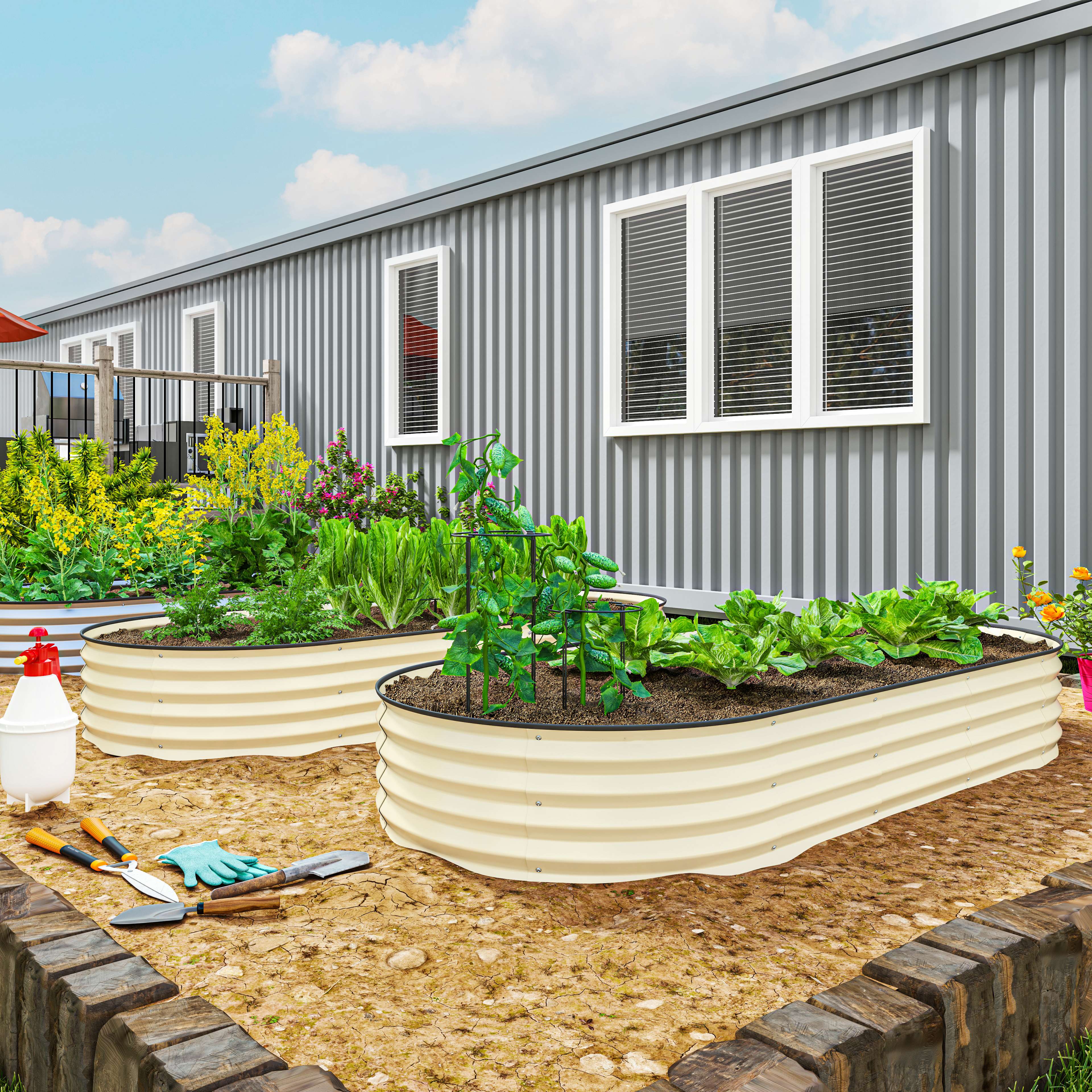 Alt View 1. Outsunny - 2PCS Galvanized Raised Garden Bed, 7' x 3' x 1' Raised Beds for Gardening with Plant Support Stakes - Cream White.