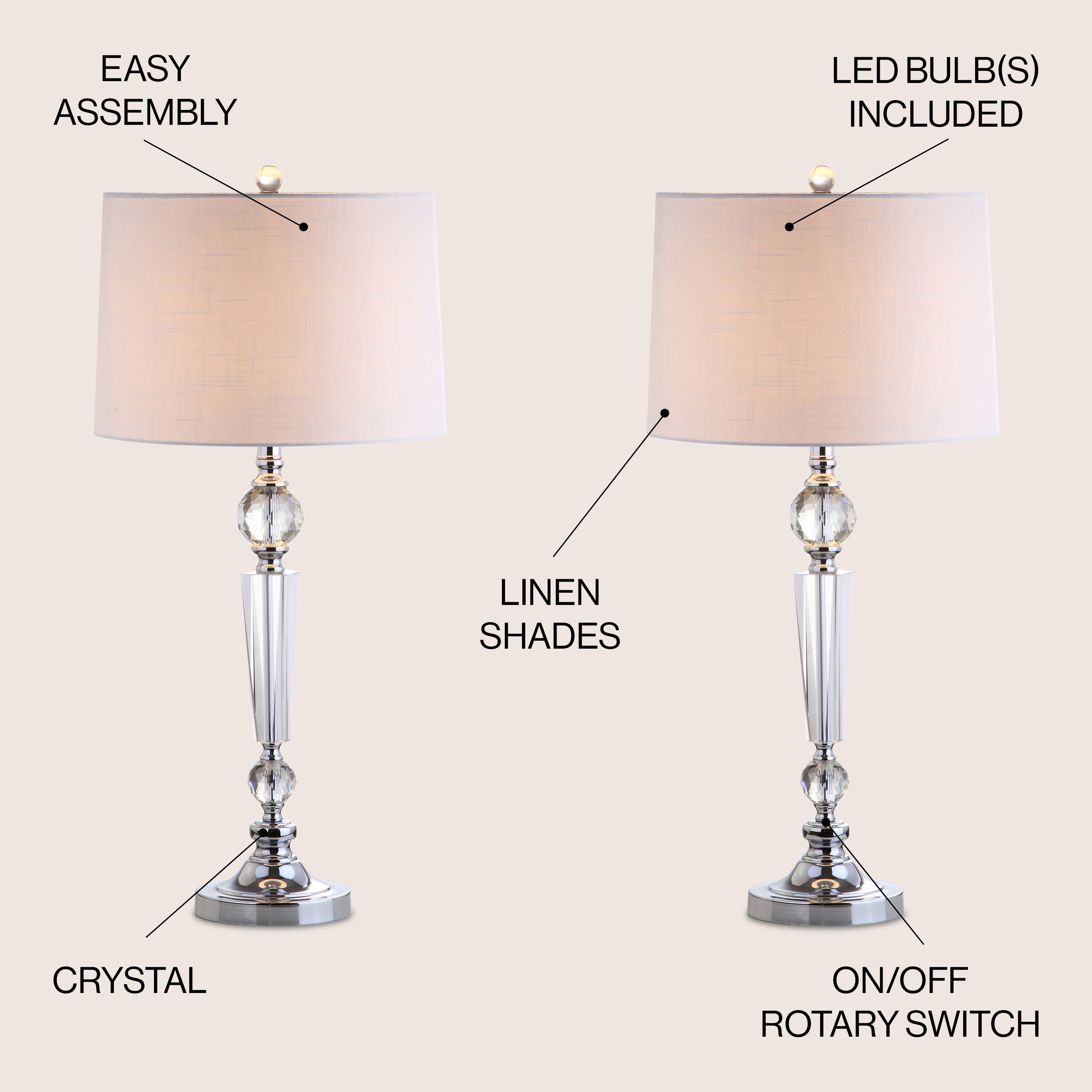 - EASY ASSEMBLY
- LED BULB(S) INCLUDED
- LINEN SHADES
- CRYSTAL
- ON/OFF ROTARY SWITCH