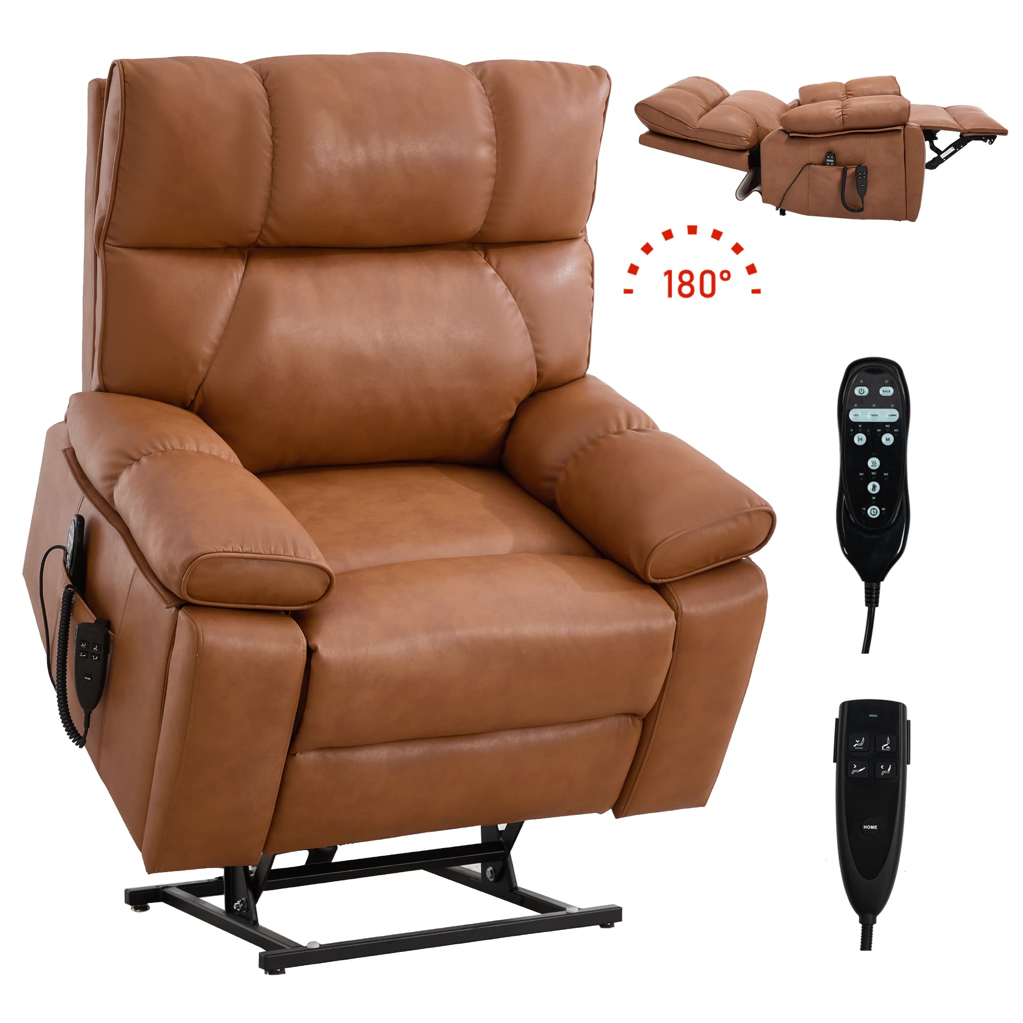 LUCKY ONE - Leatheraire Dual Motor Power Lift Recliner Chair with Massage, Heat and Hidden Cup Holders - Orange