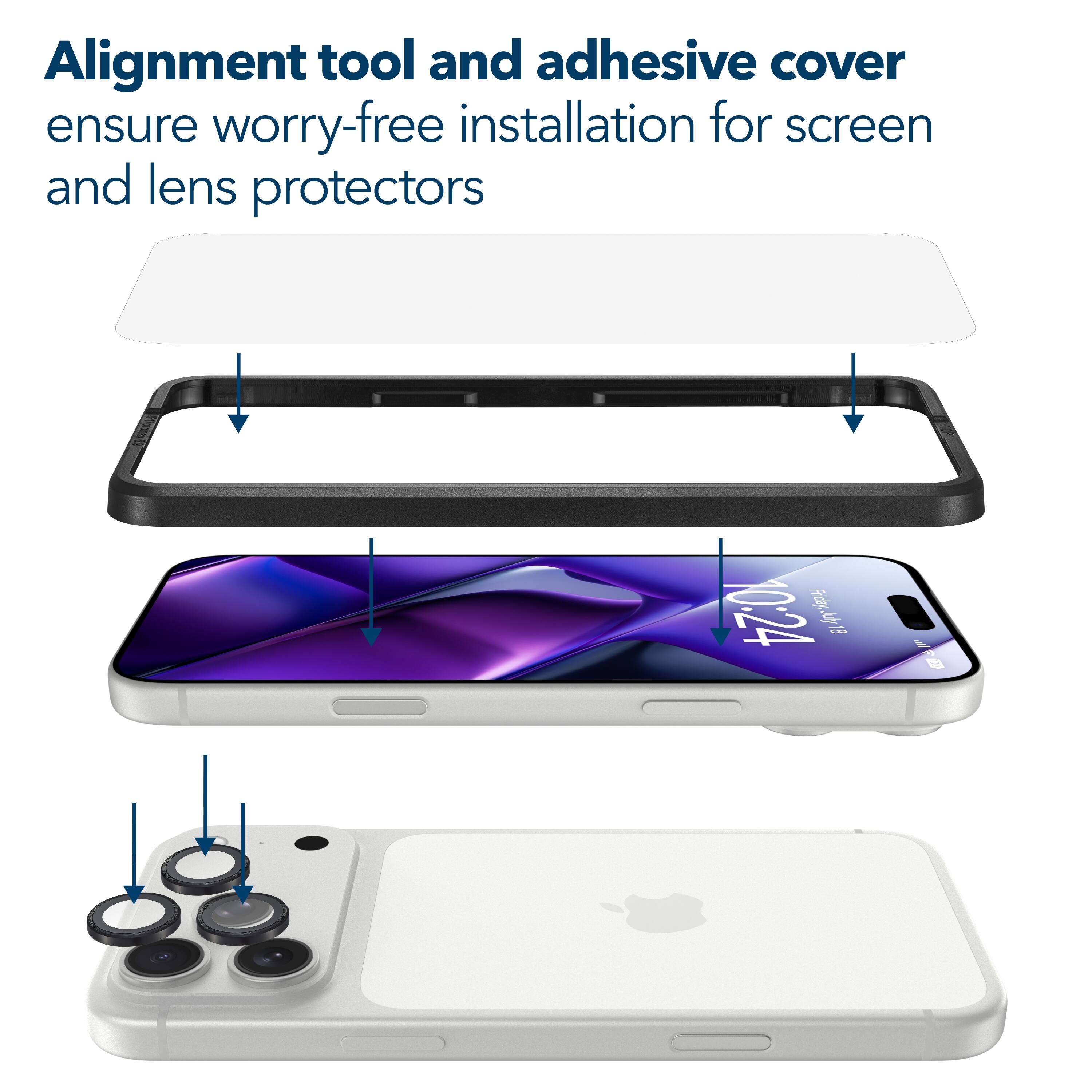 Alignment tool and adhesive cover ensure worry-free installation for screen and lens protectors