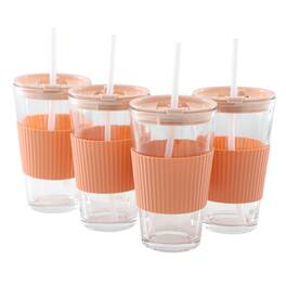 Mr. Coffee - Sip Savvy 4 Piece 15 Ounce Silicone Sleeve Glass Cup Set w/ Lid and Straw in Pink - Peach