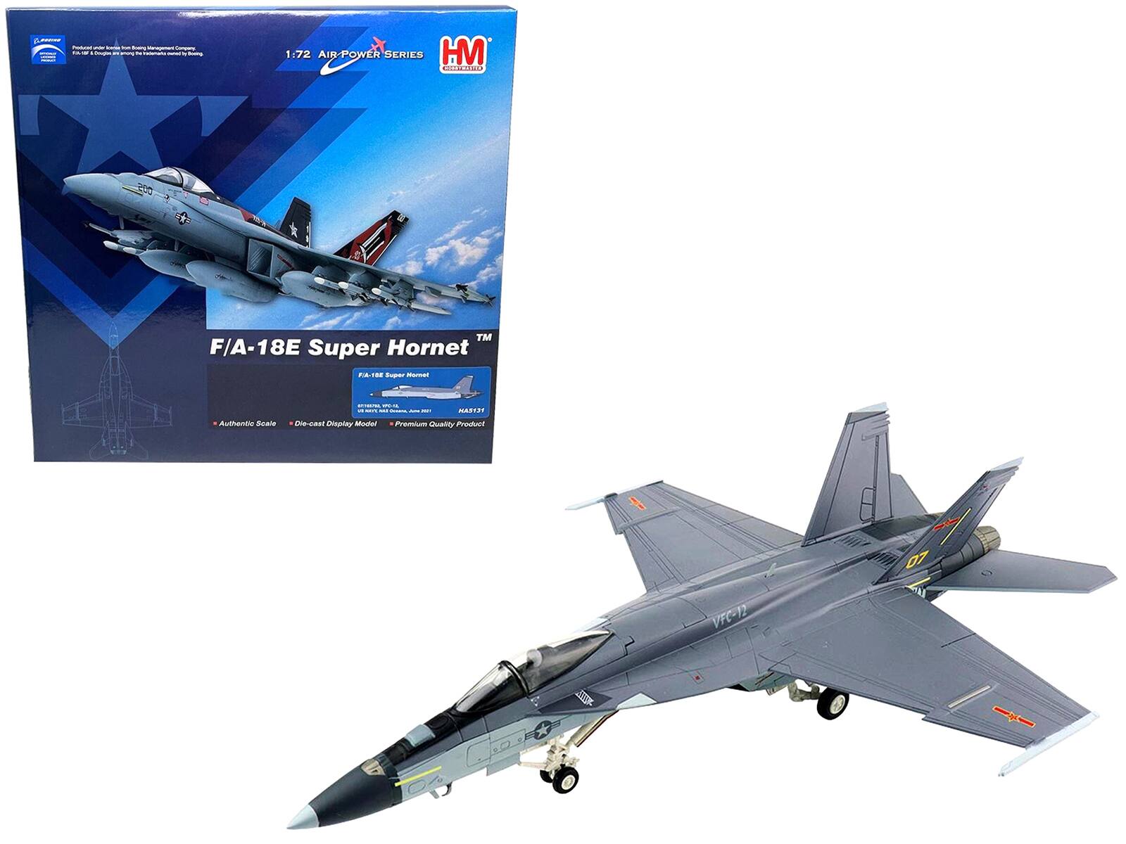 Sure, here is the corrected and grouped text from the image:

---

**1:72 AIR POWER SERIES**

**HM MODELLING**

**F/A-18E Super Hornet™**

- Authentic Scale
- Die-cast Display Model
- Premium Quality Product!

**VFC-12**

**07**

**NA5131**

---

**Produced under license from Boeing Management Company.**

**F/A-18E Super Hornet™**

**US Navy, VFC-12, 2011**

**NA5131**

---

**HM MODELLING**

**1:72 AIR POWER SERIES**

**F/A-18E Super Hornet™**

**Authentic Scale**

**Die-cast Display Model**

**Premium Quality Product!**

**VFC-12**

**07**

**NA5131**

---

**Produced under license from Boeing Management Company.**

**F/A-18E Super Hornet™**

**US Navy, VFC-12, 2011**

**NA5131**