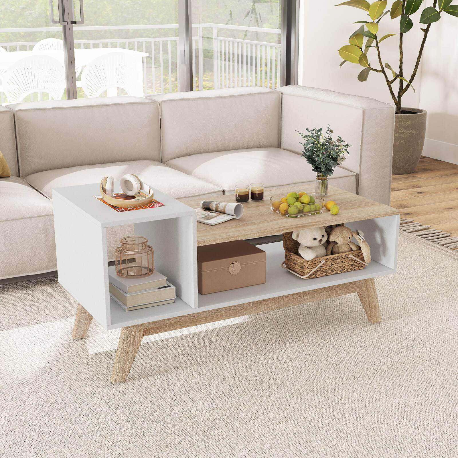 Alt View 1. Gymax - Gymax Coffee Table 43'' Center Table w/ Stepped Tabletop & Storage Compartments - White.