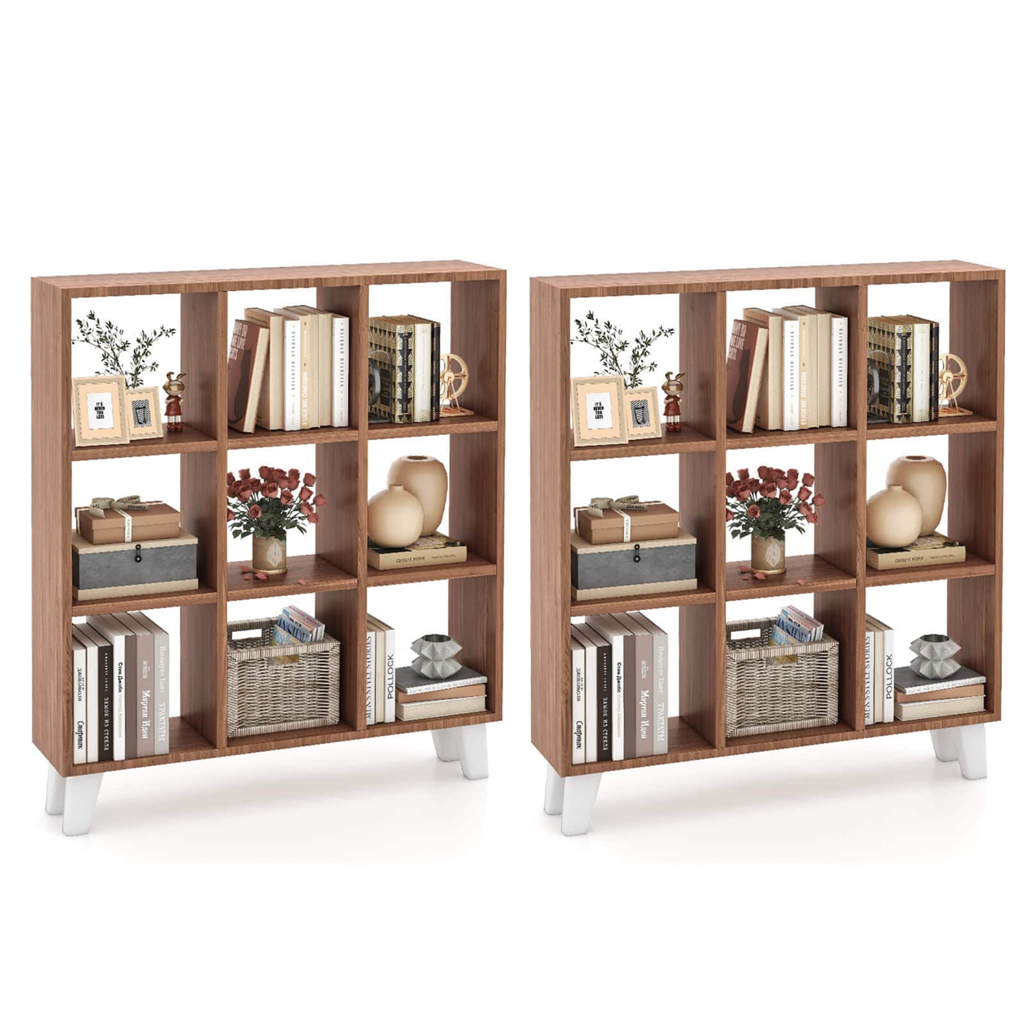 Costway - 2 PCS 9-Cube Bookcase with 6 Removable Shelves Raised Support Feet for Living Room - Brown