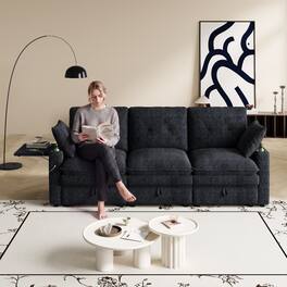 Ropilly - 89 Inch Storage Sofa Contemporary Black Chenille Couch with USB Ports Hidden Tabletop Cup Holders 3 Seat - Black