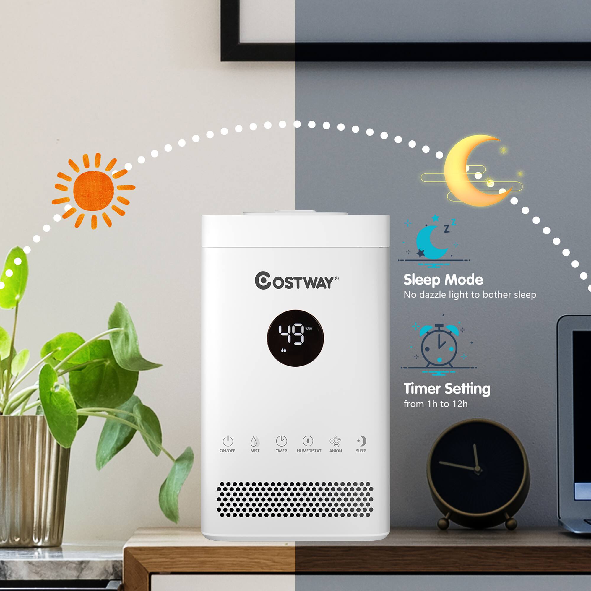 The text on the image reads:

"COSTWAY Sleep Mode No dazzle light to bother sleep S1 49 4 Timer Setting from 1h to 12h LE MPLE HUMORTA AICN SAO."
