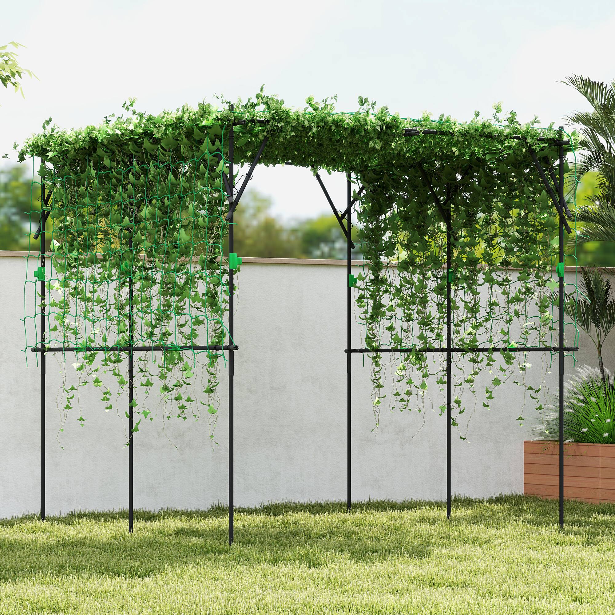 Alt View 1. Outsunny - Garden Arch Trellis, 7.3 FT Tall Plant Trellis Support with Climbing Net, Outdoor Cucumber Trellis - Black.