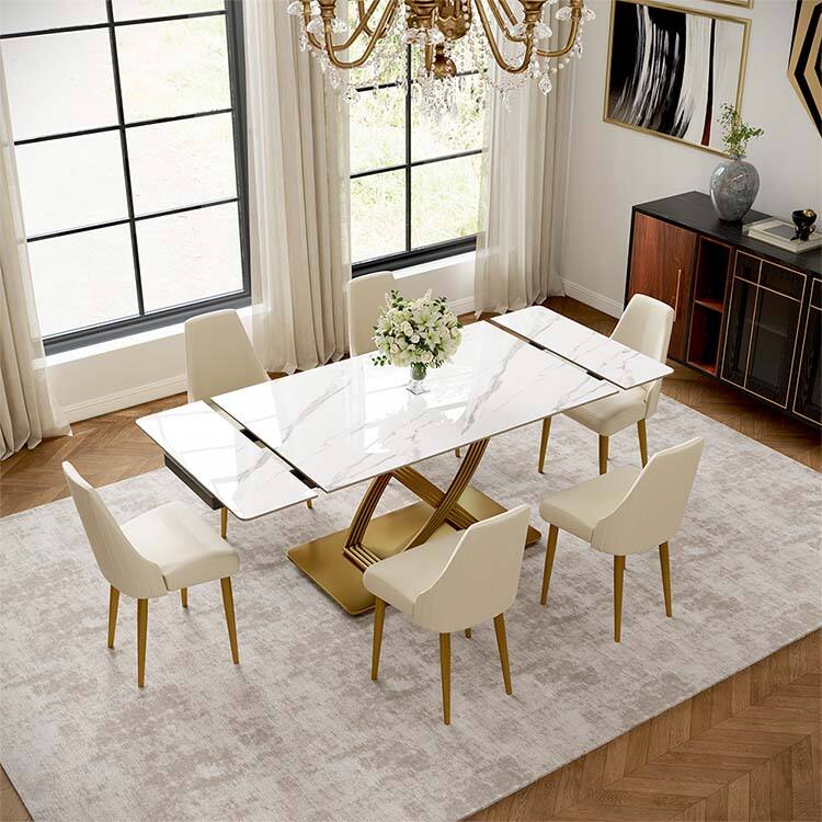 Angle. POVISON - 55"-79" Modern Luxury Extendable Dining Table for 4-6, White Glossy Sintered Stone Top with Titanium Gold X-Base - White.