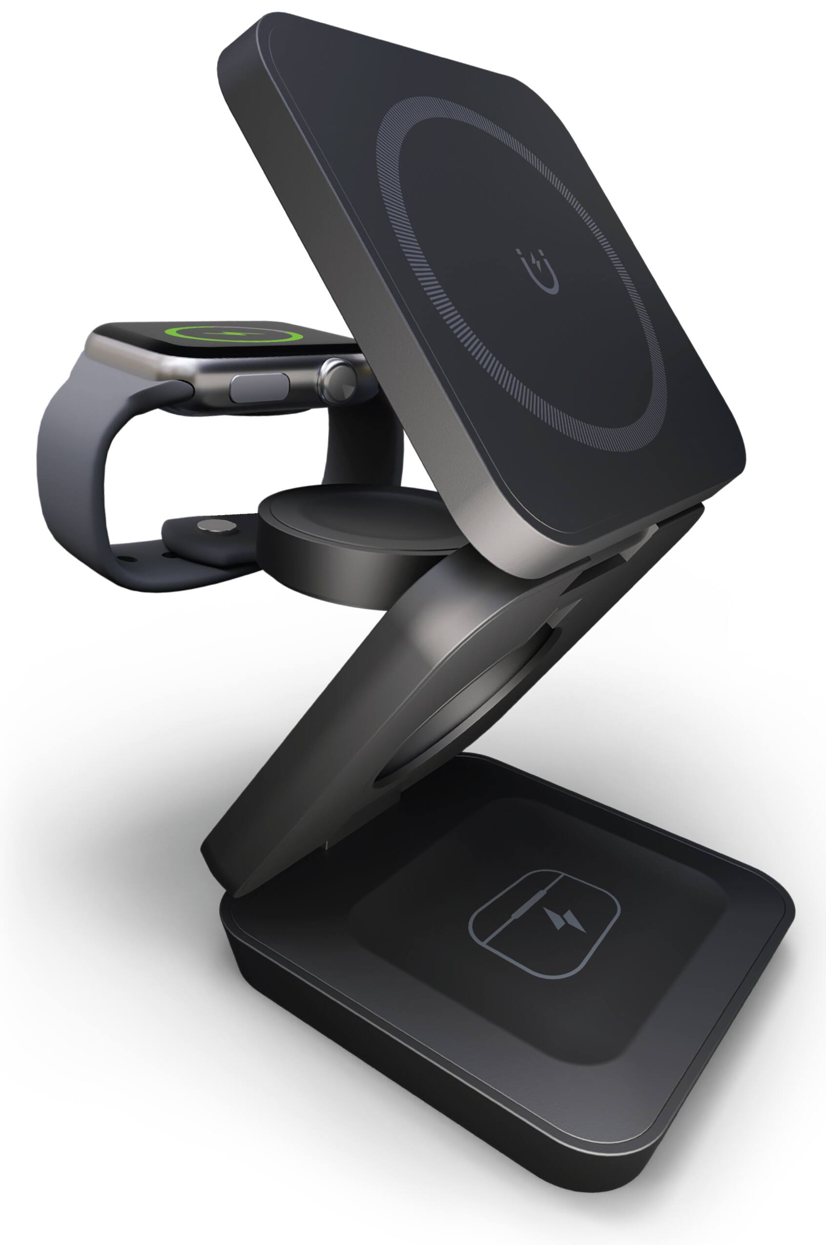 Chargeworx - 3 in 1 Wireless Charging Desk Stand Collapsible Design for Apple Devices - Black