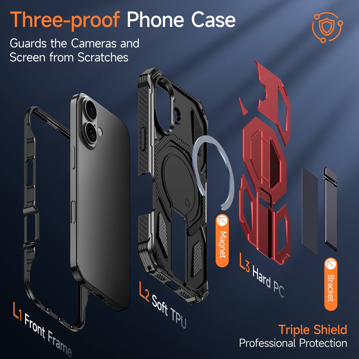 Three-proof Phone Case  
Guards the Cameras and Screen from Scratches  

L1 Front Frame  
L2 Soft TPU  
Magnet  
L3 Hard PC  
Bracket  

Triple Shield  
Professional Protection
