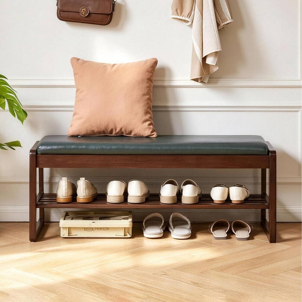 Alt View 6. Loheer - Loheer Wood Shoe Storage Bench with Vegan Leather Seat, 39.37 Inch Sturdy Shoe Rack Bench - Green and Brown.