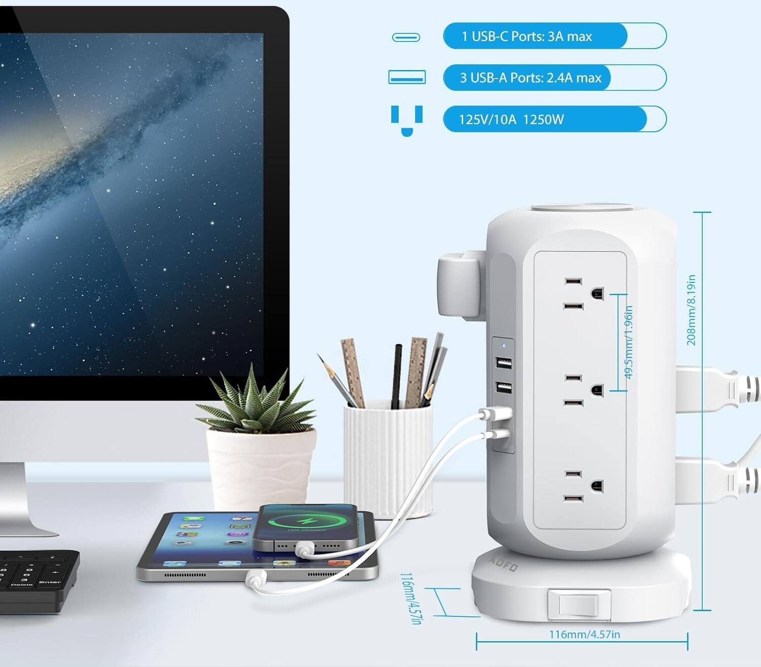 1 USB-C Port: 3A max  
3 USB-A Ports: 2.4A max  
125V/10A 1250W  
Dimensions:  
- 49.5mm/1.96in (width)  
- 208mm/8.19in (height)  
- 116mm/4.57in (depth)  
- 116mm/4.57in (base)
