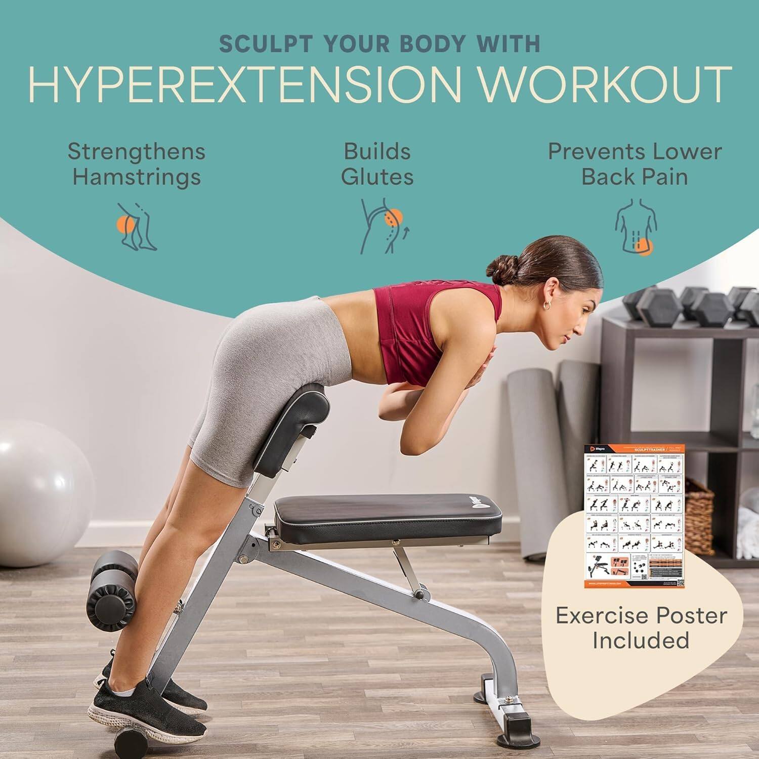 SCULPT YOUR BODY WITH HYPEREXTENSION WORKOUT  
Strengthens Hamstrings  
Builds Glutes  
Prevents Lower Back Pain  
Exercise Poster Included