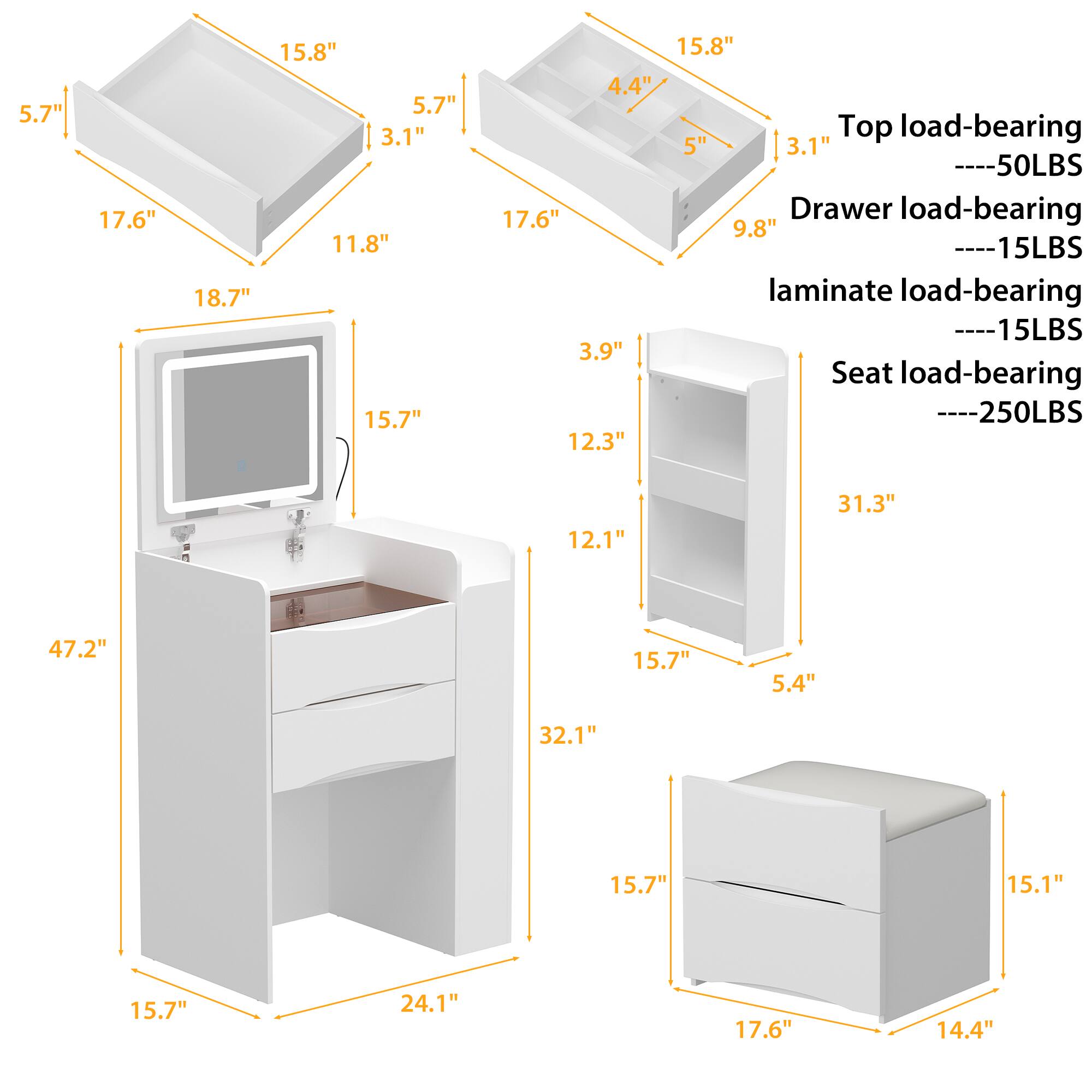 Here is the corrected and grouped text based on the image:

**Dimensions:**
- 5.7"
- 17.6"
- 15.8"
- 11.8"
- 18.7"
- 4.4"
- 5"
- 3.1"
- 9.8"
- 3.9"
- 12.3"
- 12.1"
- 31.3"
- 47.2"
- 24.1"
- 14.4"
- 15.7"
- 5.4"
- 15.1"
- 15.7"
- 17.6"

**Load-Bearing:**
- Top load-bearing: 50LBS
- Drawer load-bearing: 15LBS
- Laminate load-bearing: 15LBS
- Seat load-bearing: 250LBS