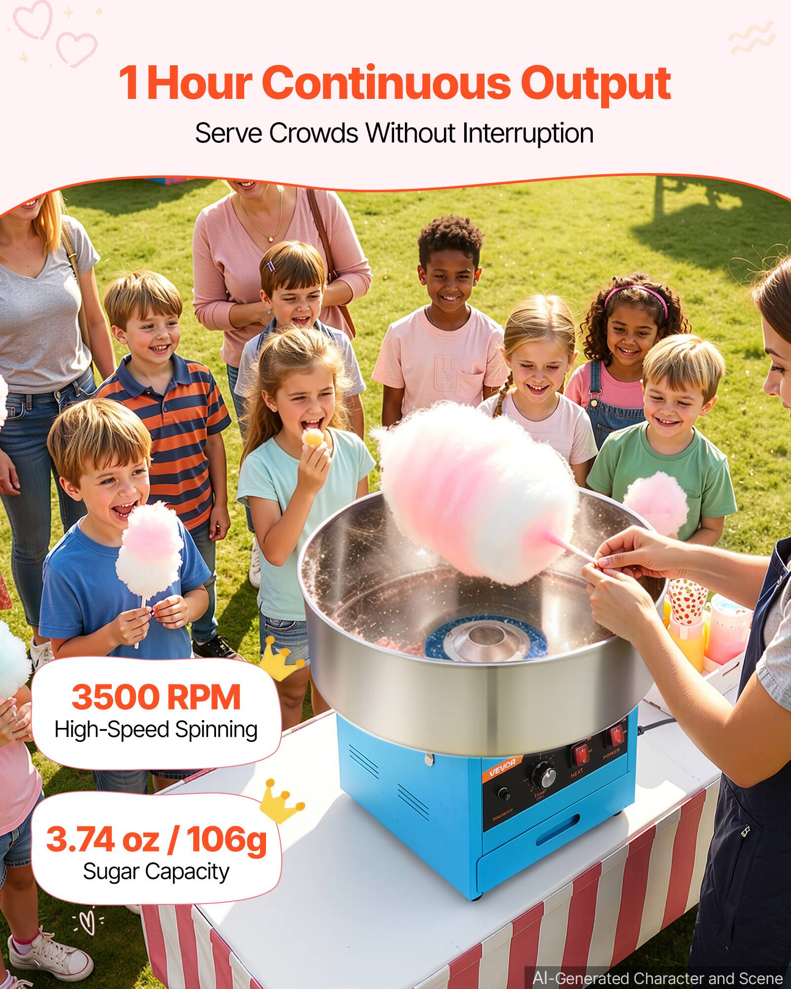 1 Hour Continuous Output  
Serve Crowds Without Interruption

3500 RPM High-Speed Spinning

3.74 oz / 106g Sugar Capacity

AI-Generated Character and Scene