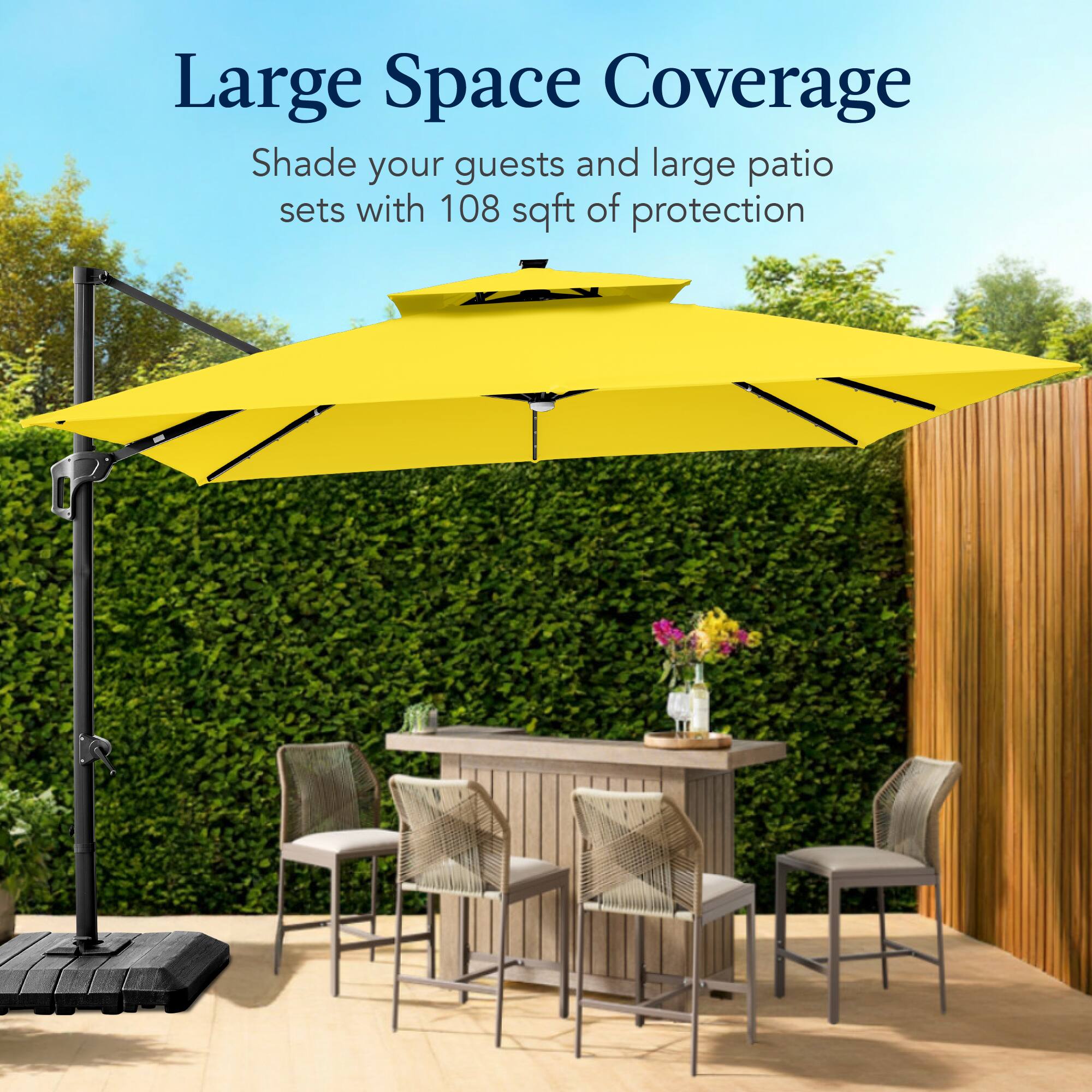 Large Space Coverage  
Shade your guests and large patio sets with 108 sqft of protection