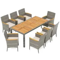 Costway 9 PCS Patio Dining Set for 8 Table and PE Rattan Chairs with 2" Umbrella Hole - Mix Gray,Off White - Front_Zoom