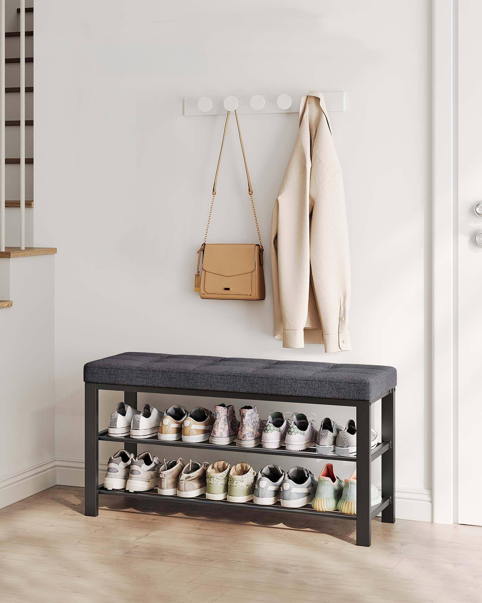 Left. JETRANSPORT - Shoe Bench Storage Entryway With Cushion Shelf Seat Space-saving Modern Style For Living Room Bedroom Hallway - Dark Gray Ink Black 39 4"W.