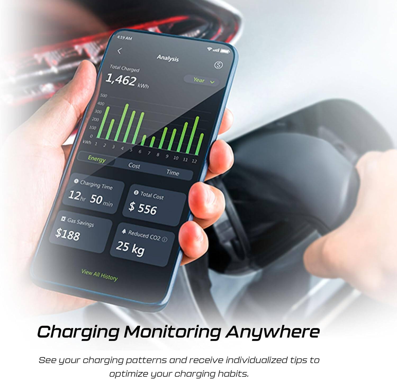 4:19 AM Analysis  
Total Charged: 1,462 kWh  
Year: 500 400 300 200 100 kWh  
1 2 3 4 5 6 7 8 9 10 11 12  
Energy Cost Time  

Charging Time: 12 hr 50 min  
Total Cost: $556  
Gas Savings: $188  
Reduced CO2: 25 kg  

View All History  

Charging Monitoring Anywhere  
See your charging patterns and receive individualized tips to optimize your charging habits.