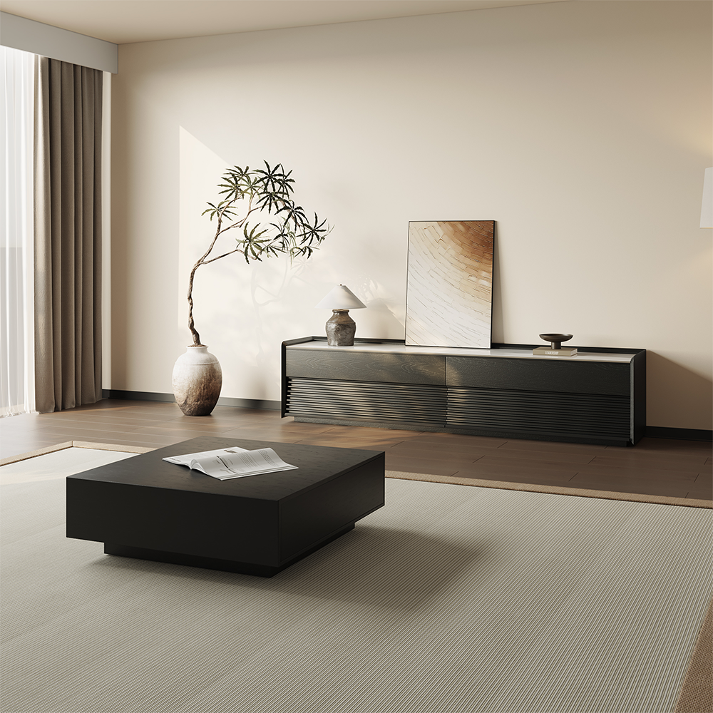 Left. POVISON - 79" Fully-Assembled Mid-Century Matte Sintered Stone Tabletop TV Stand, Black Color Cabinet with Adjustable Light - Glossy White & Black.