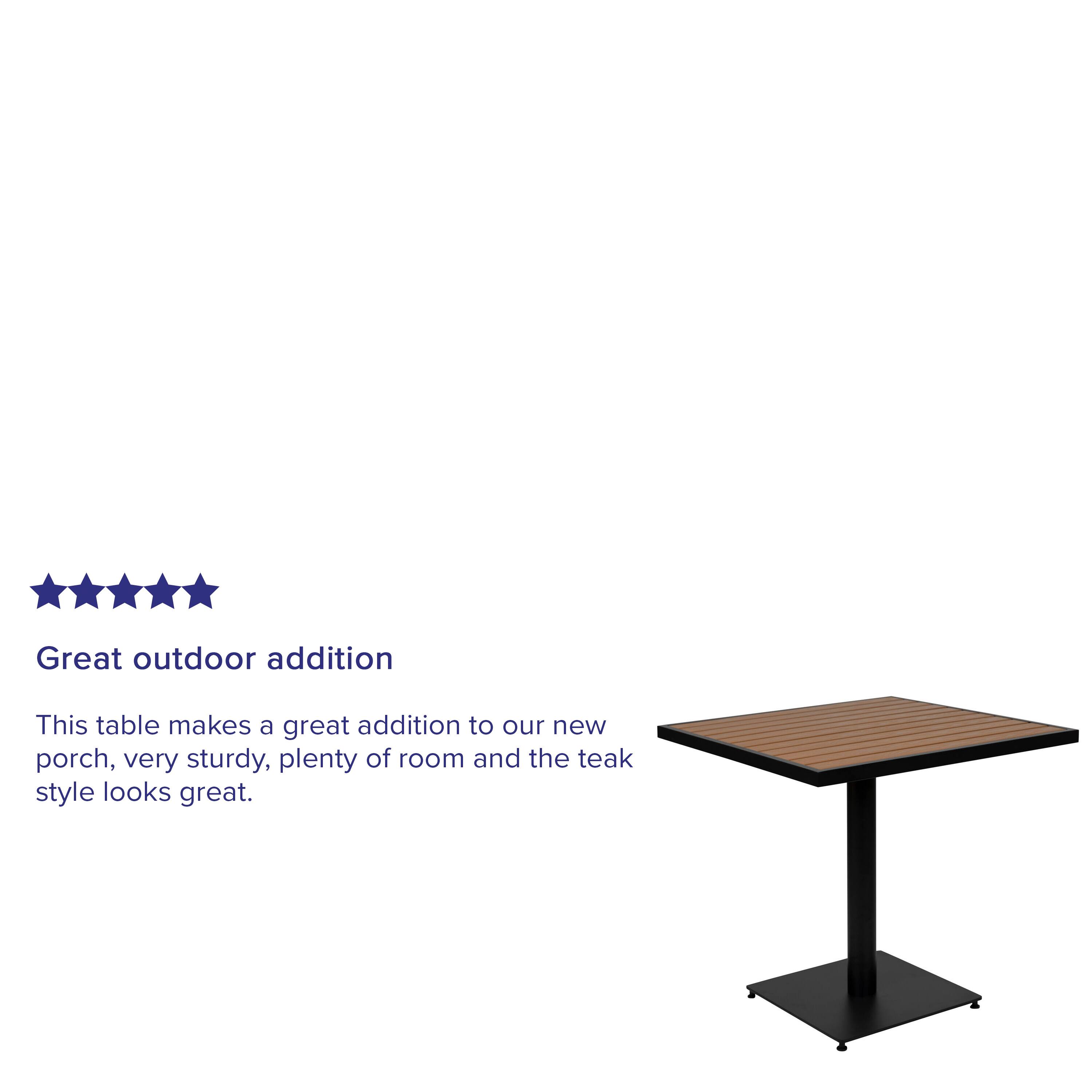 Great outdoor addition

This table makes a great addition to our new porch, very sturdy, plenty of room and the teak style looks great.