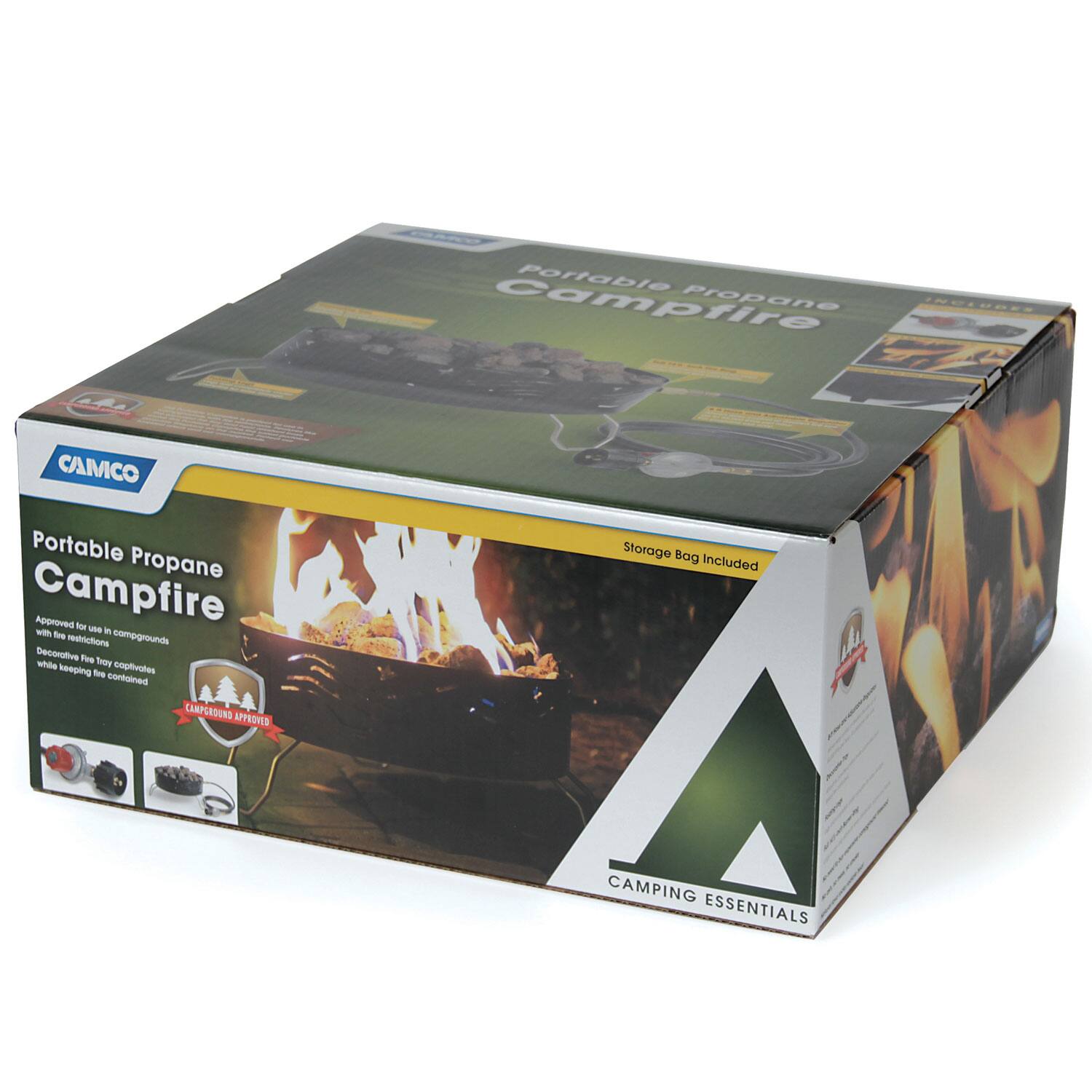 Portable Propane Campfire  
Approved for use in campgrounds with fire restrictions  
Decorative Fire Toy complements while keeping fire contained  
Storage Bag Included  
Camping Essentials