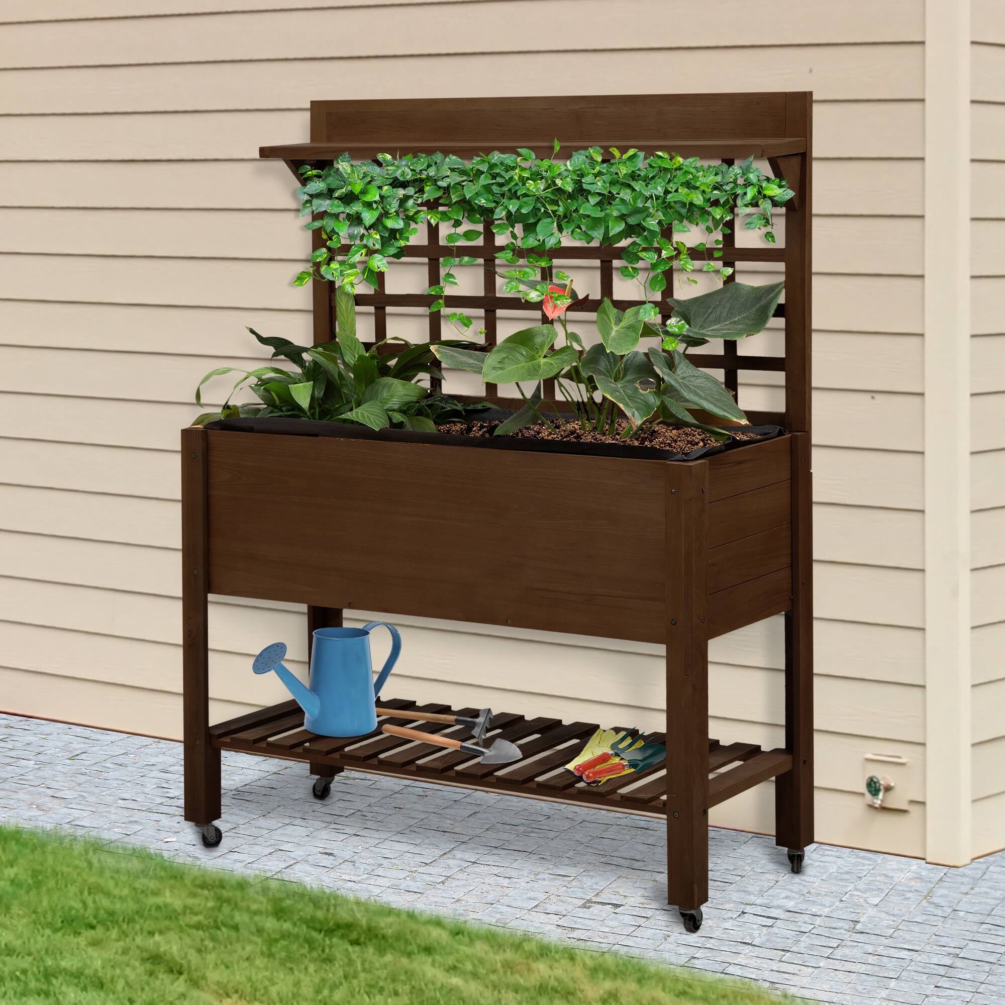 Alt View 1. Outsunny - 41" Raised Garden Bed with Trellis on Wheels, Wooden Elevated Planter Box with Legs and Bed Liner - Coffee.