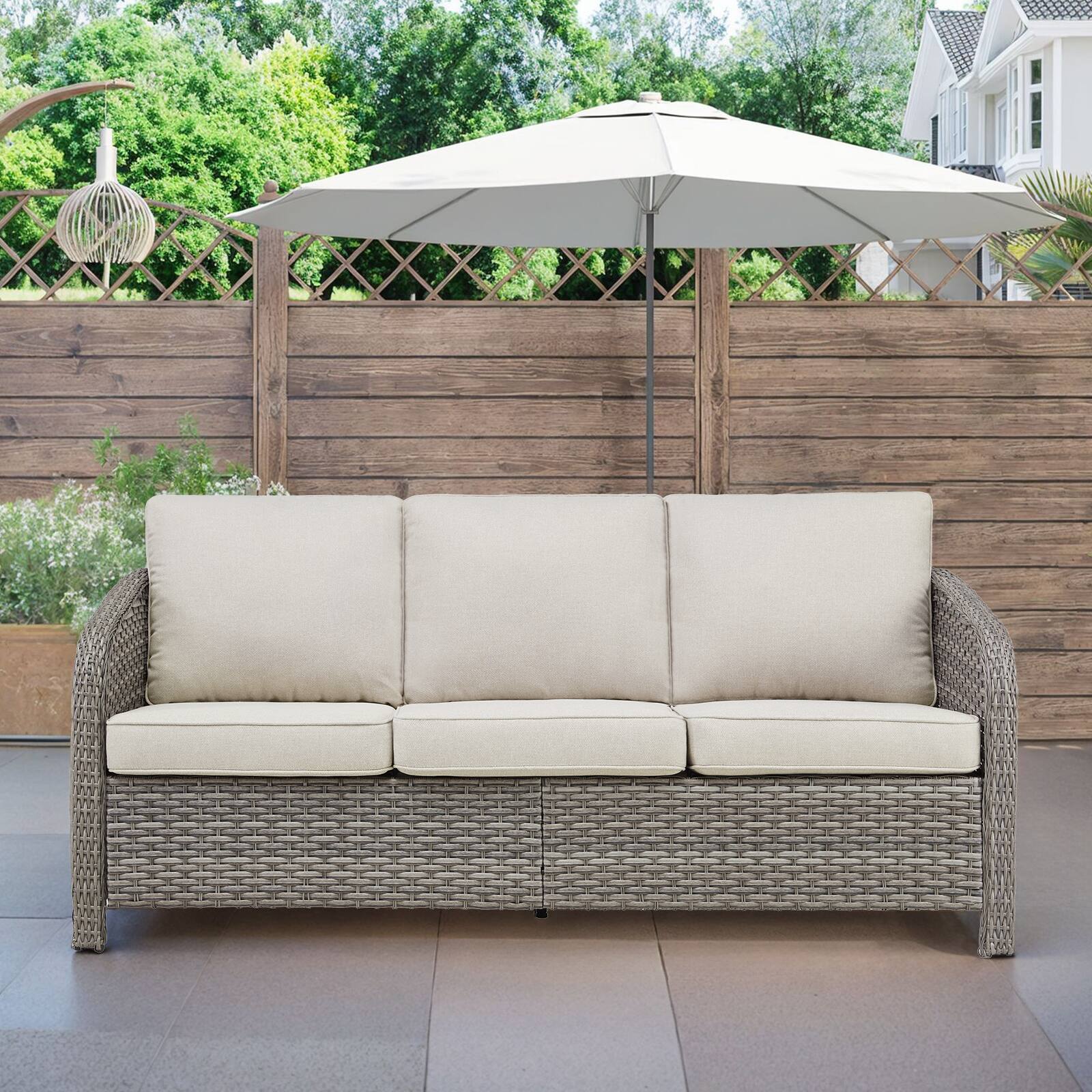 Angle. Mondawe - 73.6" PE Wicker Rattan Outdoor 3 Seat Sofa with Beige Deep Seat Cushions - Beige+Gray.
