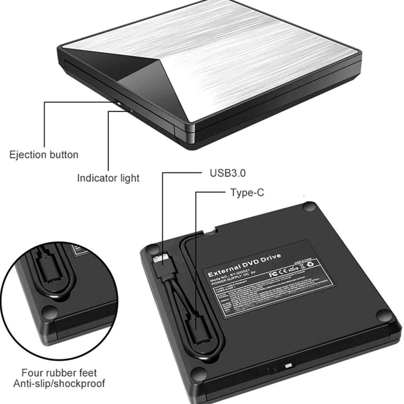 Ejection button  
Indicator light  
USB3.0  
Type-C  
External DVD Drive  
Four rubber feet  
Anti-slip/shockproof  
DC 5V  
No supply  
Made in China  
CE  
FC  
Model: EeOOI-YB