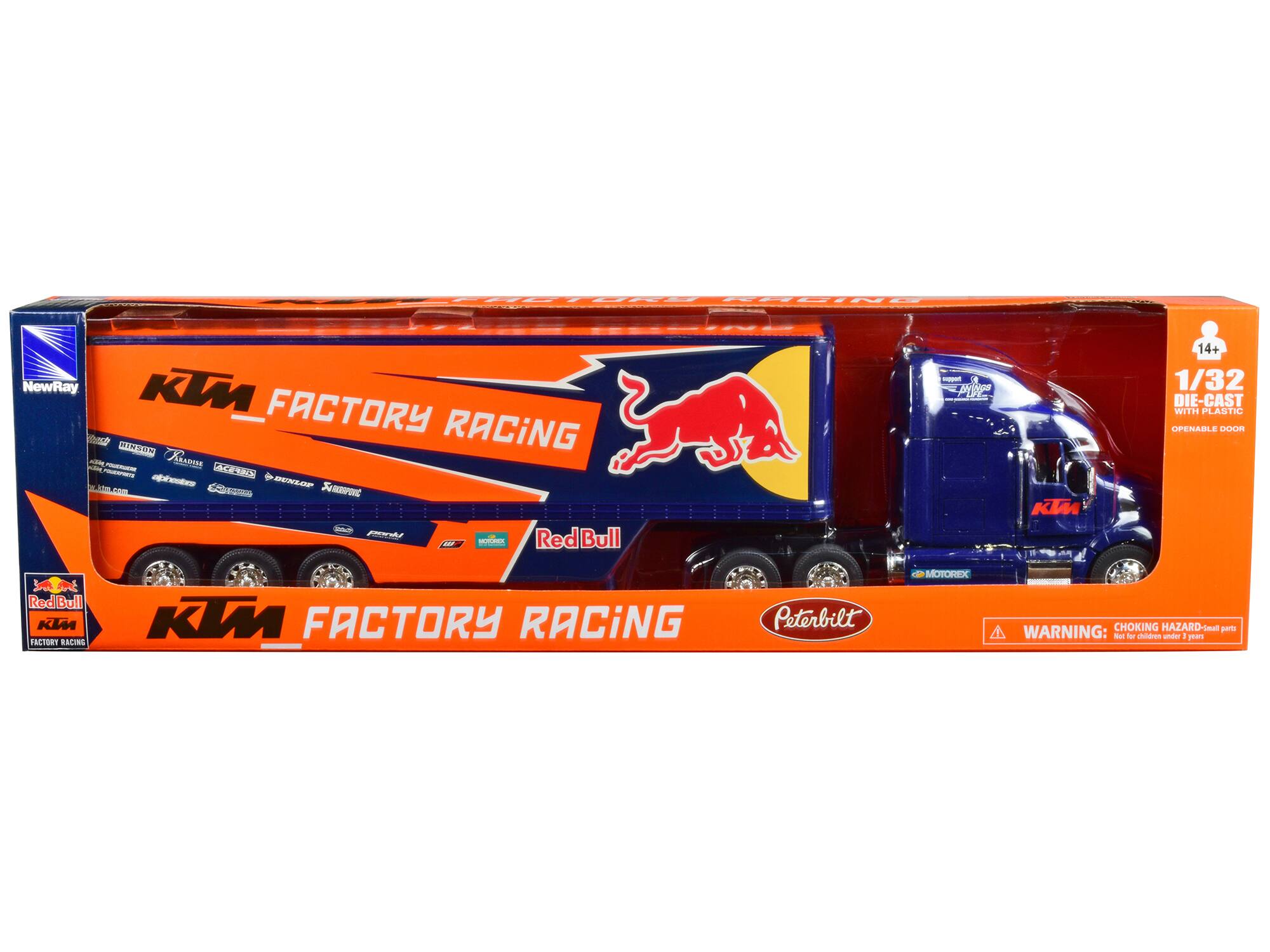 - NewRay
- KTM FACTORY RACING
- Red Bull
- Peterbilt
- 1/32 DIE-CAST WITH PLASTIC OPENABLE DOOR
- WARNING: CHOKING HAZARD - Small parts. Not for children under 3 years.
