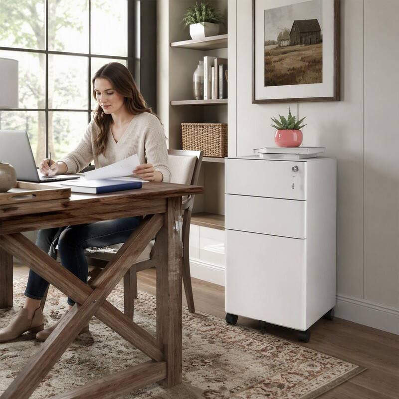 Back. RYHNUYNE - 3-Drawer Mobile File Cabinet Steel Metal Storage with Lock and Wheels for Office Home.