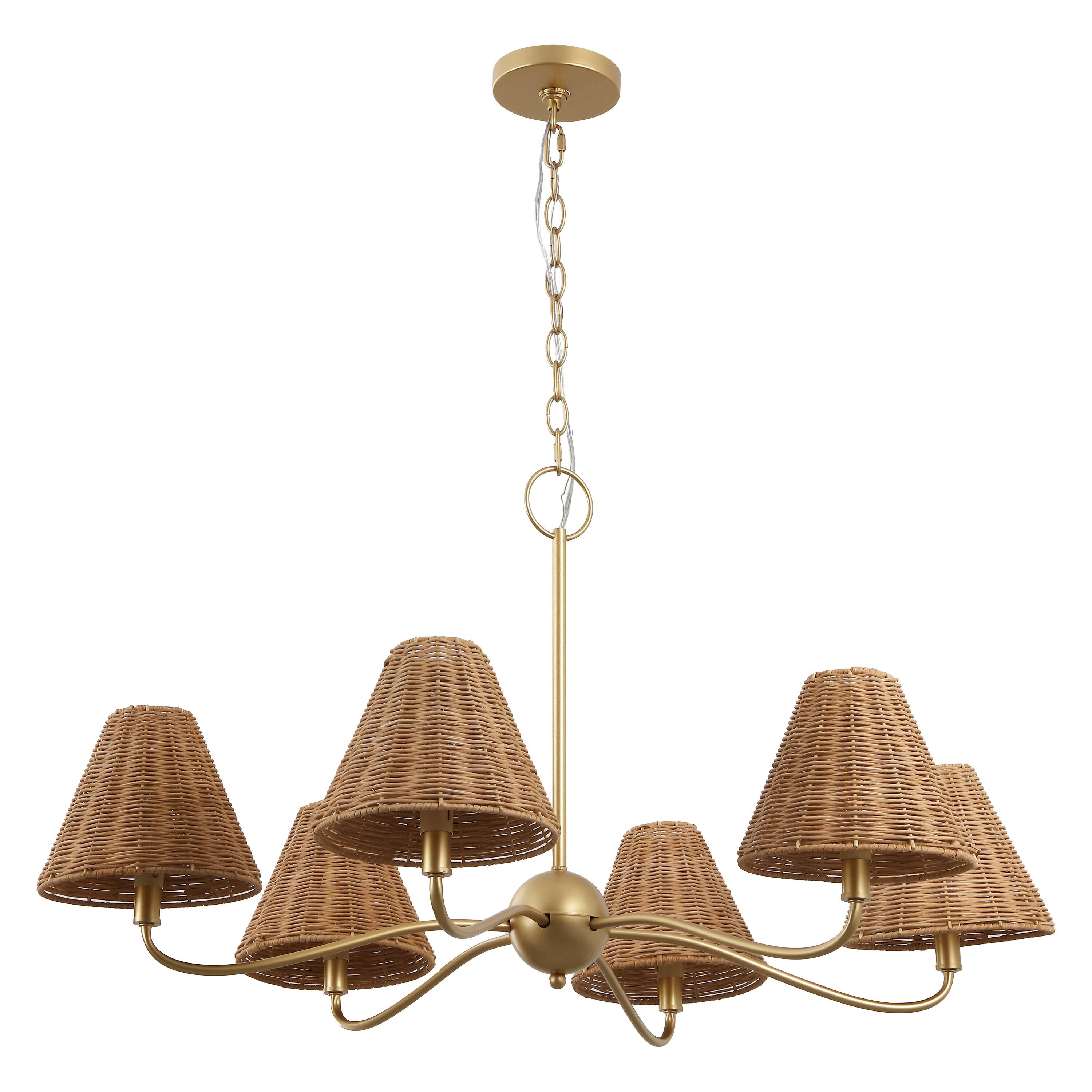 Alt View 7. Jonathan Y - Grady 35" 6-Light Adjustable Swooping Arm Metal with Hand-Woven Rattan Shades LED Chandelier, Gold Painting/Brown - Gold Painting.