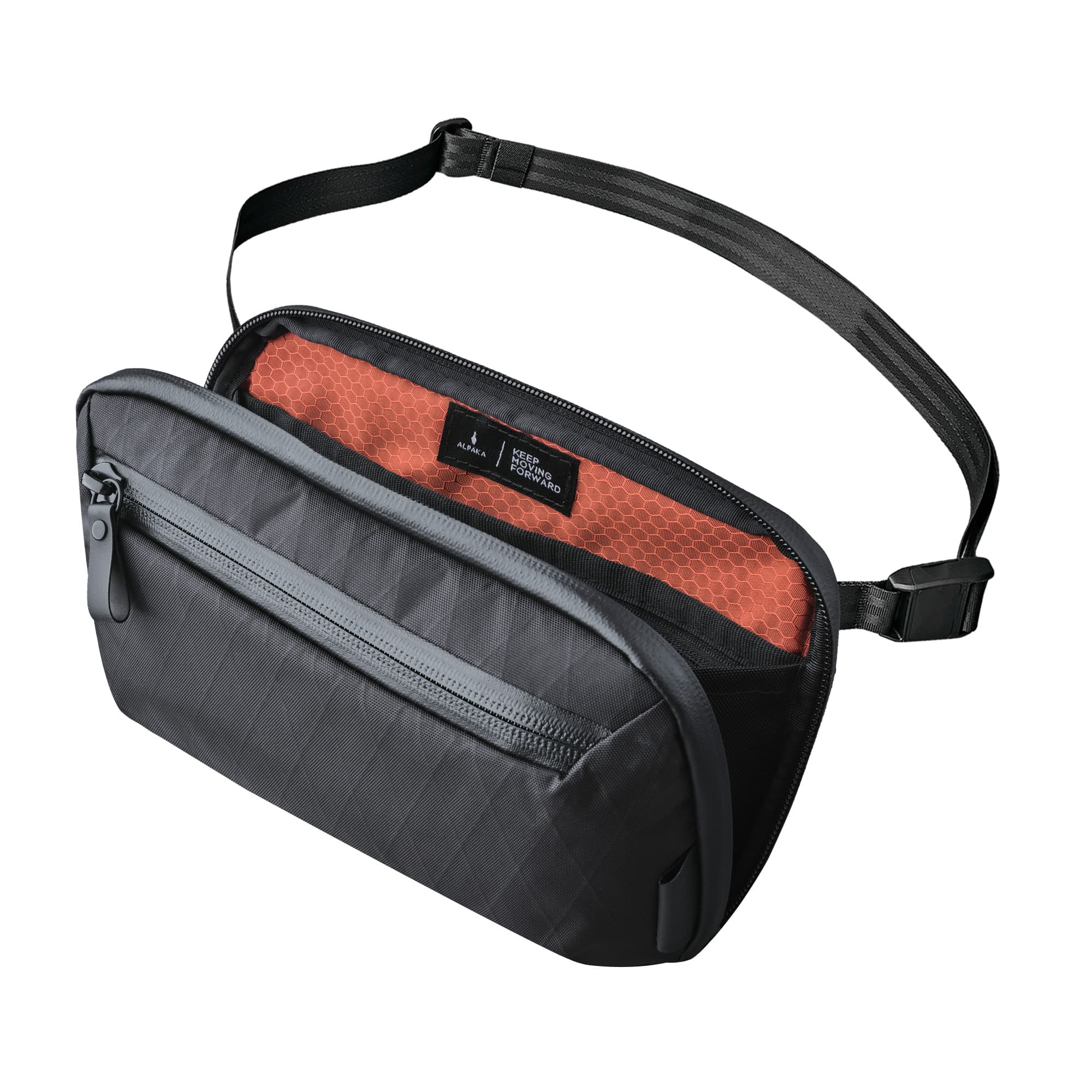ALPAKA - Tech Organizer Sling Bag 1.5L with Strap, Accordion Opening, 9 Pockets, Fits Kindle, Weatherproof Fabric, YKK Zippers - Black X-Pac VX42