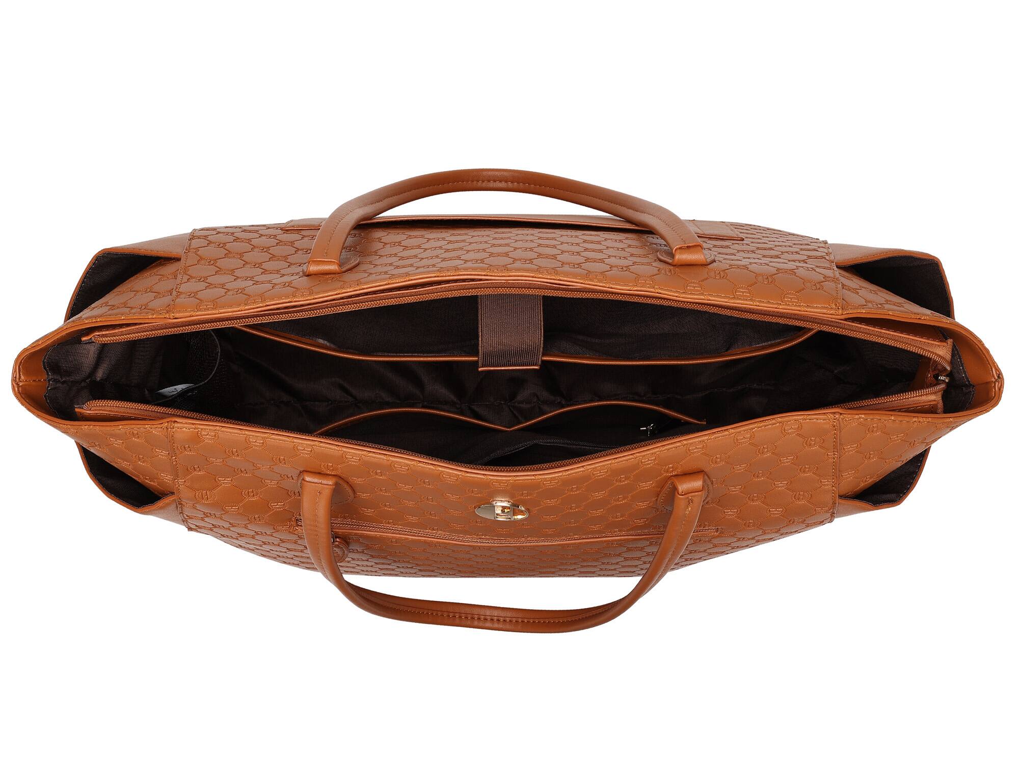 Back. Elle - ELLE Compass 32L Vegan Leather Monogram Weekender Duffel Bag | Brown - Brown.