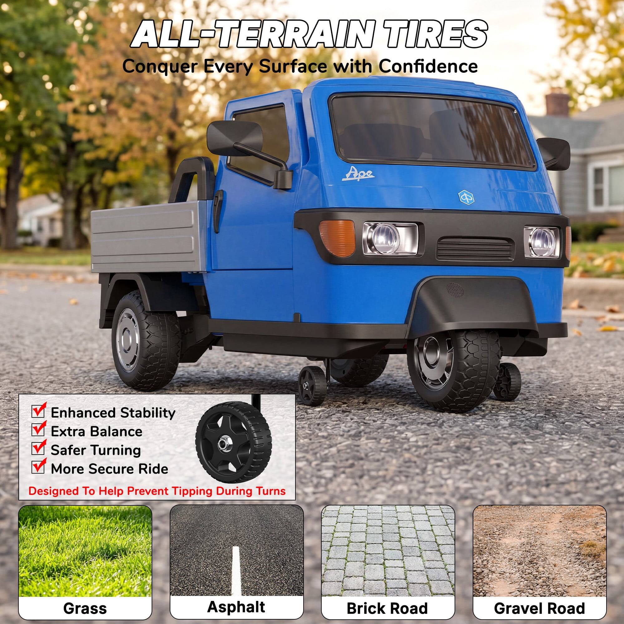 ALL-TERRAIN TIRES  
Conquer Every Surface with Confidence

- Enhanced Stability
- Extra Balance
- Safer Turning
- More Secure Ride

Designed To Help Prevent Tipping During Turns

- Grass
- Asphalt
- Brick Road
- Gravel Road