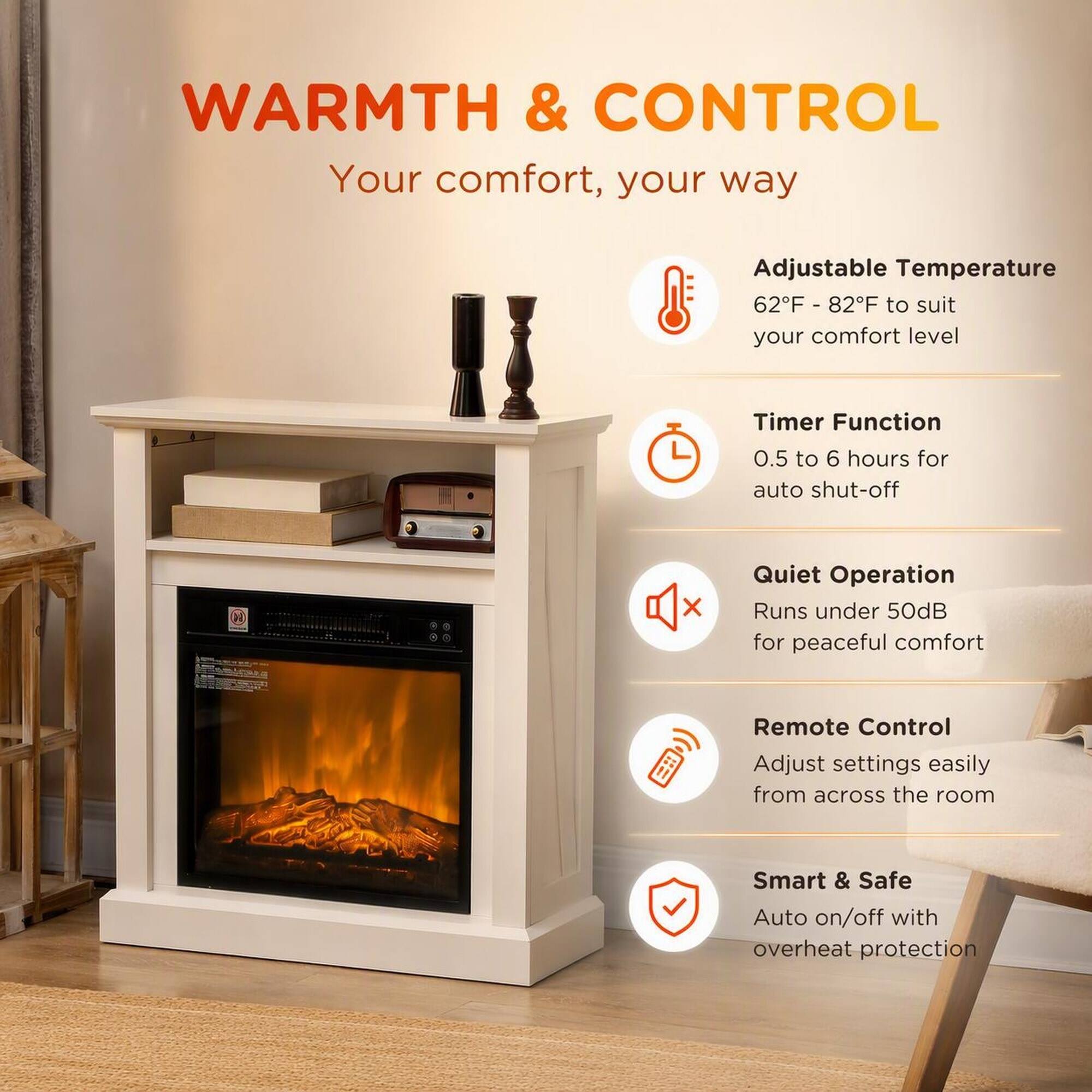 WARMTH & CONTROL  
Your comfort, your way

- Adjustable Temperature  
  62°F - 82°F to suit your comfort level

- Timer Function  
  0.5 to 6 hours for auto shut-off

- Quiet Operation  
  Runs under 50dB for peaceful comfort

- Remote Control  
  Adjust settings easily from across the room

- Smart & Safe  
  Auto on/off with overheat protection