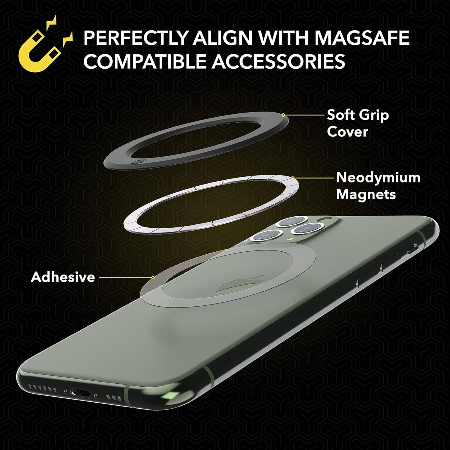 PERFECTLY ALIGN WITH MAGSAFE COMPATIBLE ACCESSORIES

- Soft Grip Cover
- Neodymium Magnets
- Adhesive