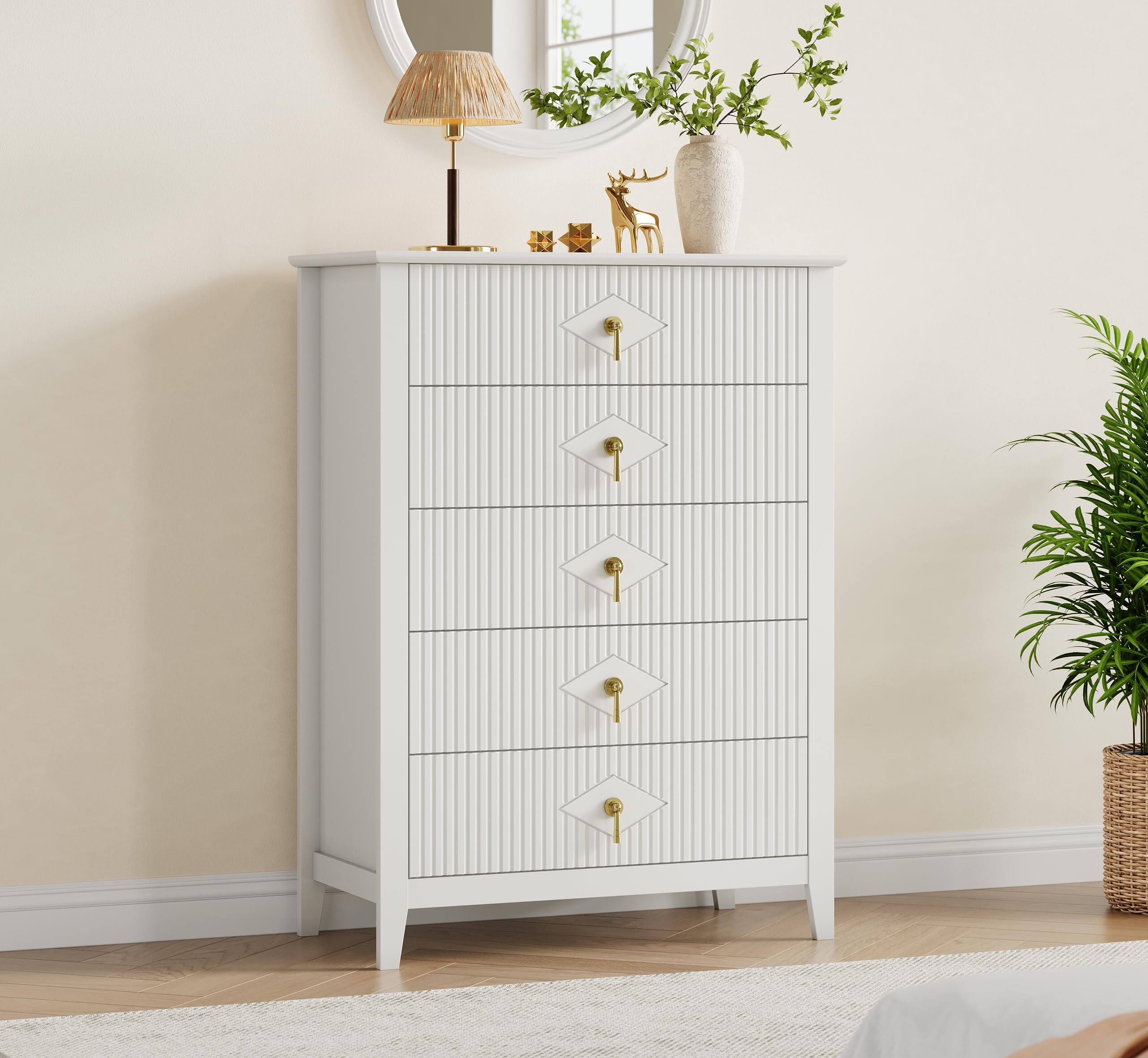 Front. Qeetex - Dresser with 5 Drawers, 32 in Wide with Metal Handle,Wood Drawer Organizer for Bedroom, Living Room, Hallway,White - White.