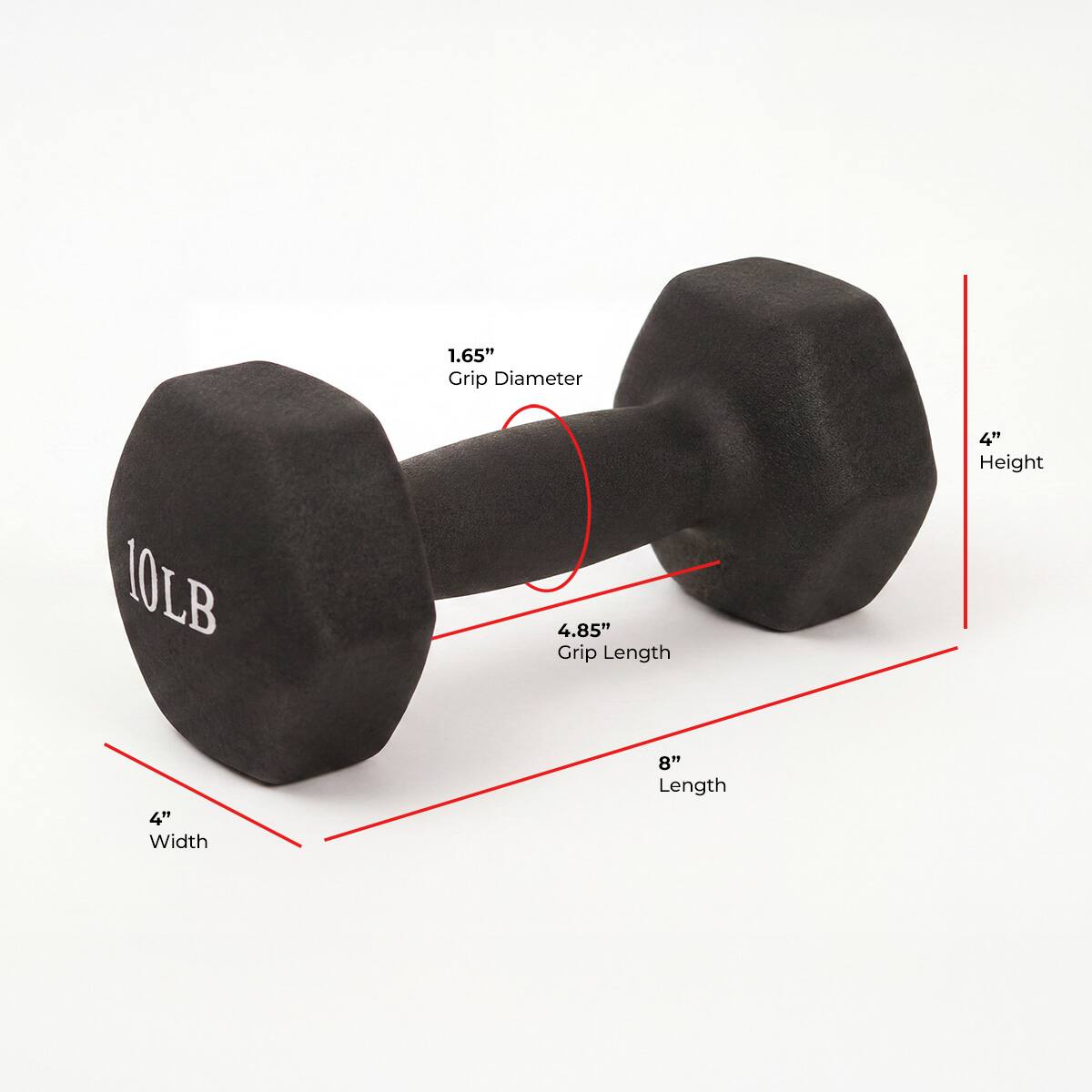 1.65" Grip Diameter  
10LB  
4.85" Grip Length  
4" Height  
4" Width  
8" Length