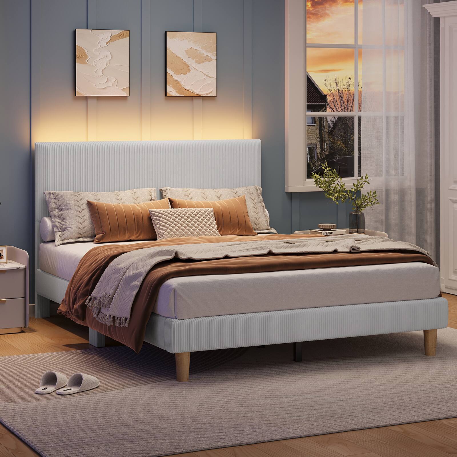 Alt View 1. Bestier - Queen Size Upholstered Bed Frame with LED Lights, Adjustable Headboard - Light Gray.