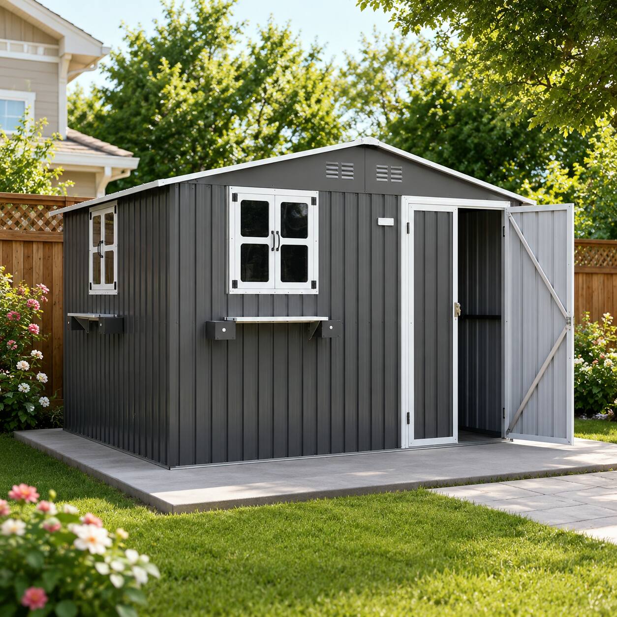 Angle. Anysun - 10x8 FT Outdoor Metal Storage Shed with Window & Flower Rack – Lockable Double Doors Tool Shed, Waterproof Weatherproof - Gray.