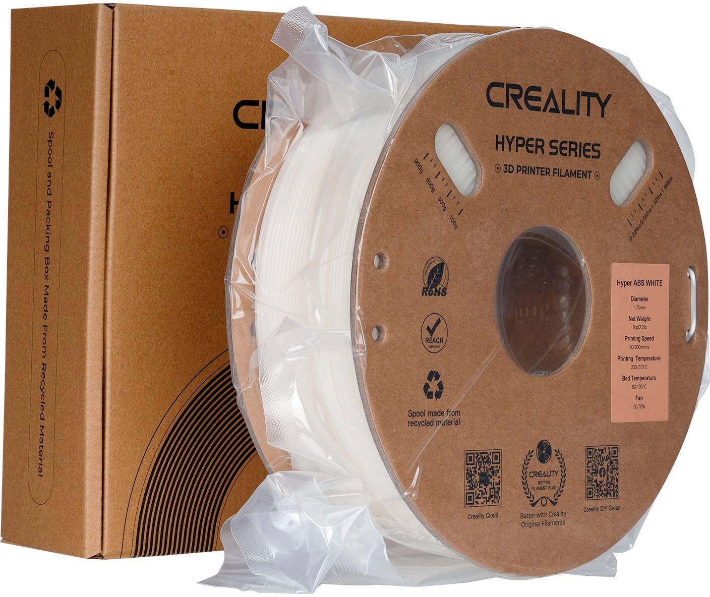 Creality Hyper Series 5000 3D Printer Filament 300g White ABS 3.0mm 20-270C Printing Temperature 500mm/min Printing Speed 30-300mm/min Bed Temperature 500mm/min Fan 500 Spool made from recycled material.