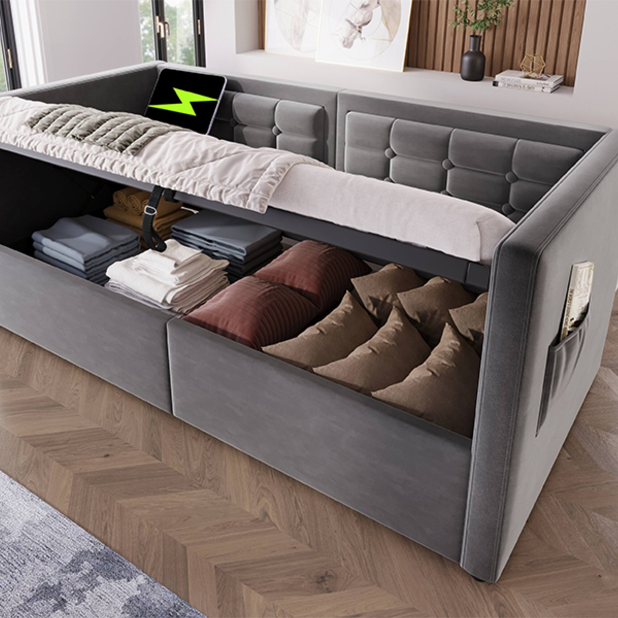 Alt View 7. GOODSILO - Upholstered Twin Size Daybed with Hydraulic Storage and USB Charging, Tufted Sofa Back Design - Gray.